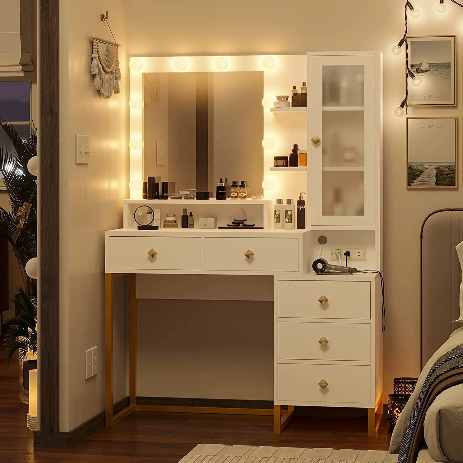 Vanity Desk with LED Lighted Mirror, Makeup Desk with 5 Storage Drawers & 6 Shelves, Vanity Table with Charging Station, Modern Dressing Table with 3 Color Lighting Options, White