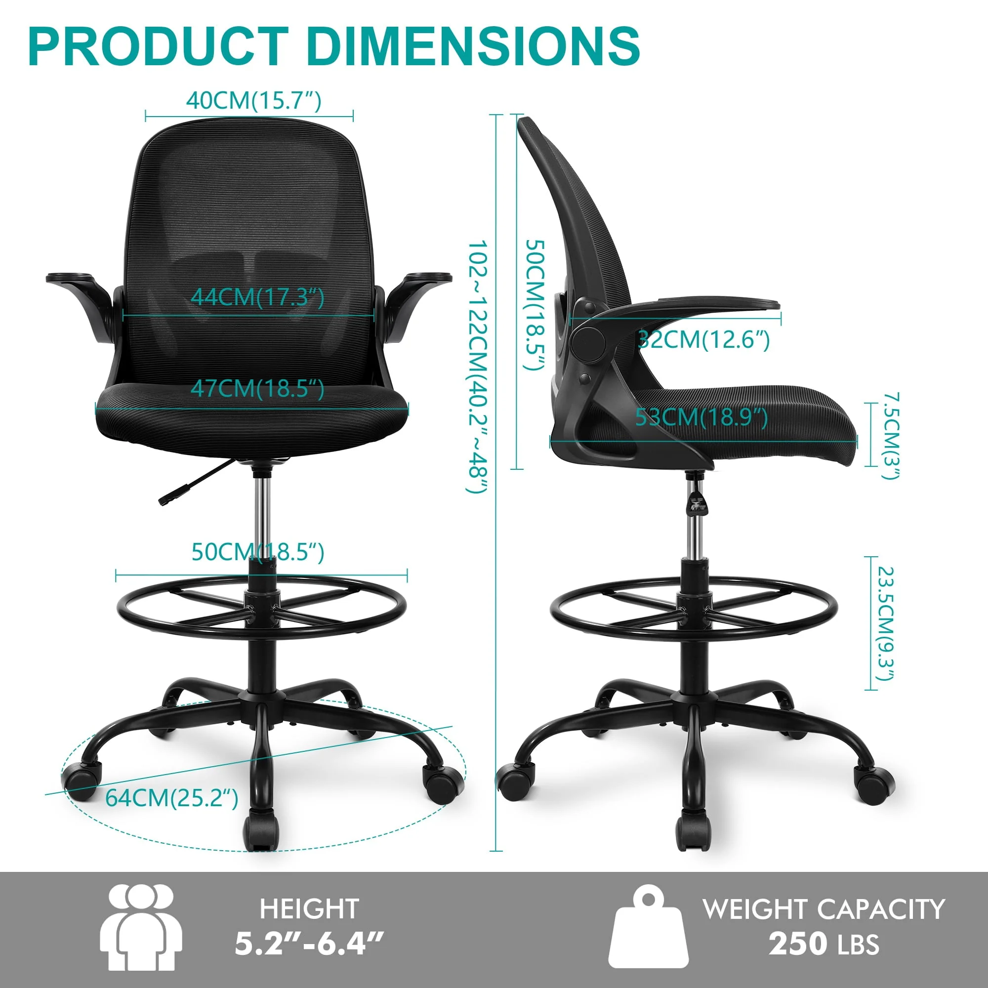 Coolhut Drafting Chair Tall Office Chair with Flip-up Armrests Executive Ergonomic Computer Standing Desk Chair with Lumbar Support and Adjustable Footrest Ring (Black)