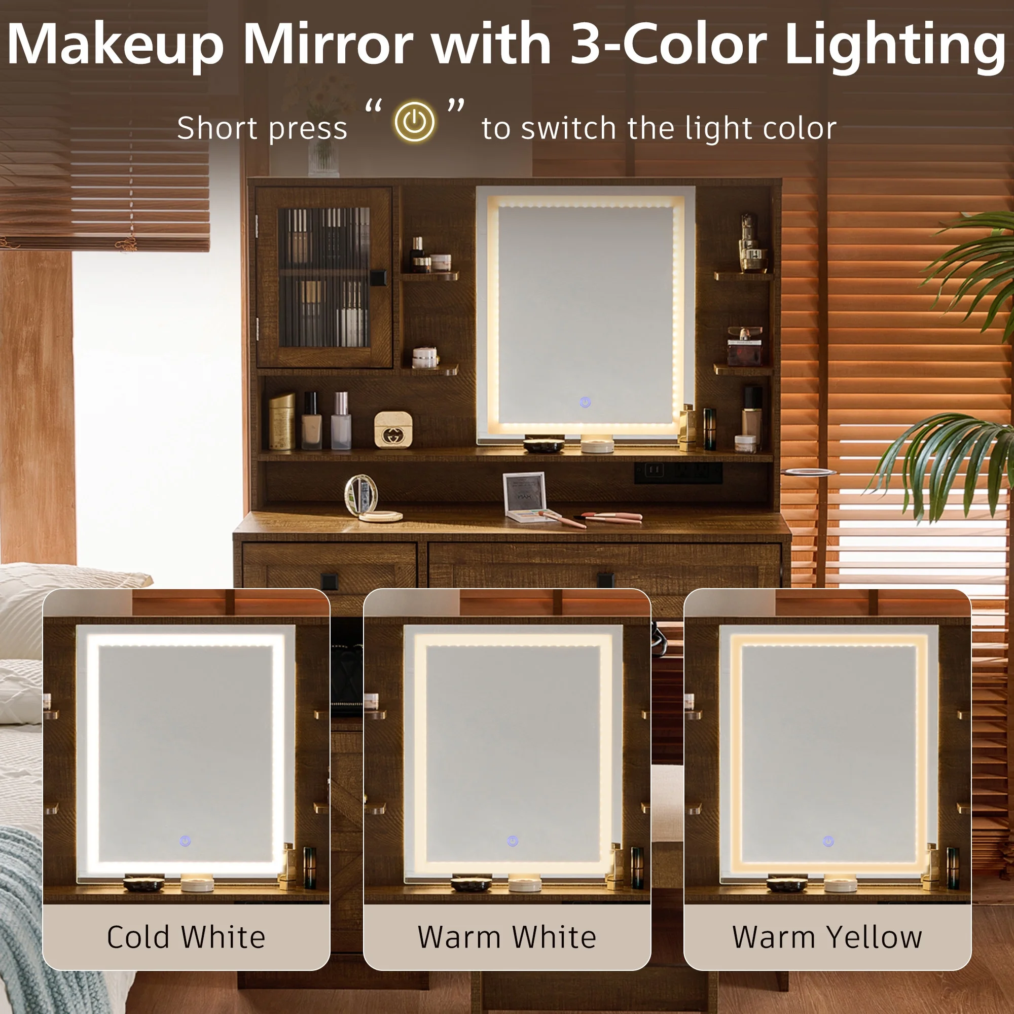 Farmhouse Makeup Vanity Desk with Mirror and Lights,Dressing Table Set with Charging Station and Stool,Drawers,Shelves and Side Cabinet,White
