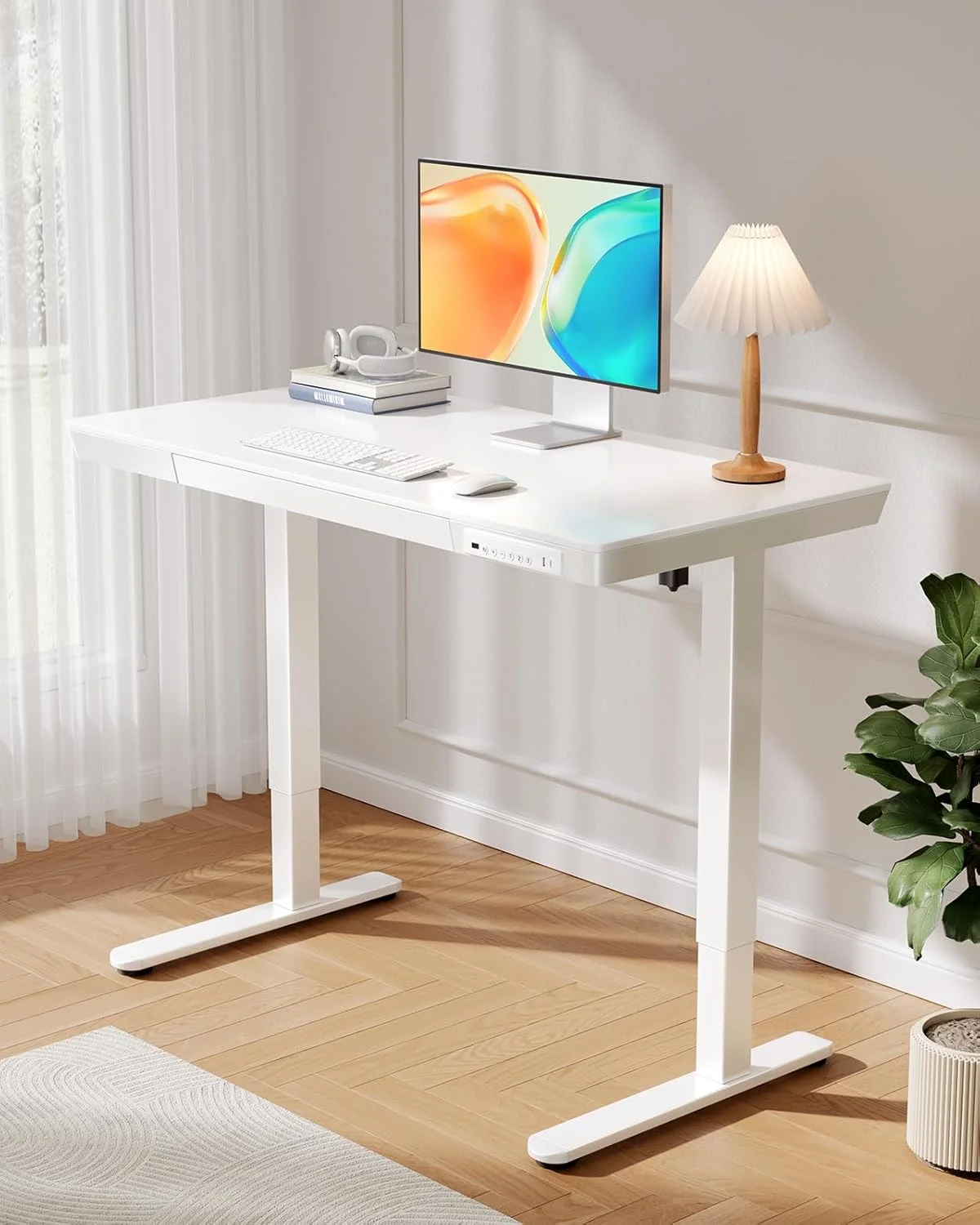 CHITOOMA Glass Top Electric Standing Desk with Drawer, 48'' x 24'' Electric Height Adjustable Desk with USB Charging Ports, Sit Stand up for Home Office