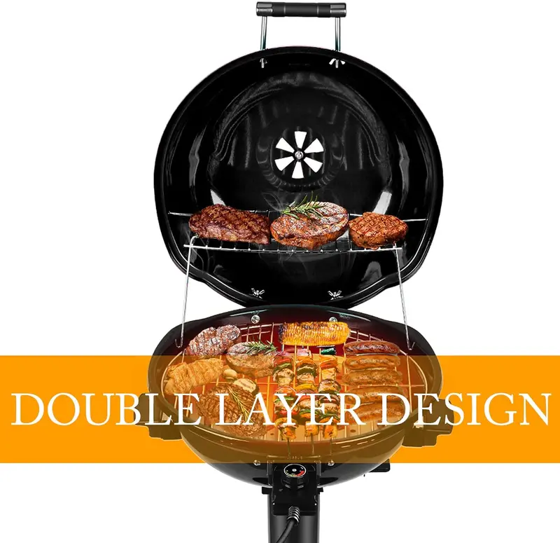 1600W Indoor/Outdoor Electric Barbecue Grill – Portable. Double-Layer Design. Detachable Grilling Surface (Black)