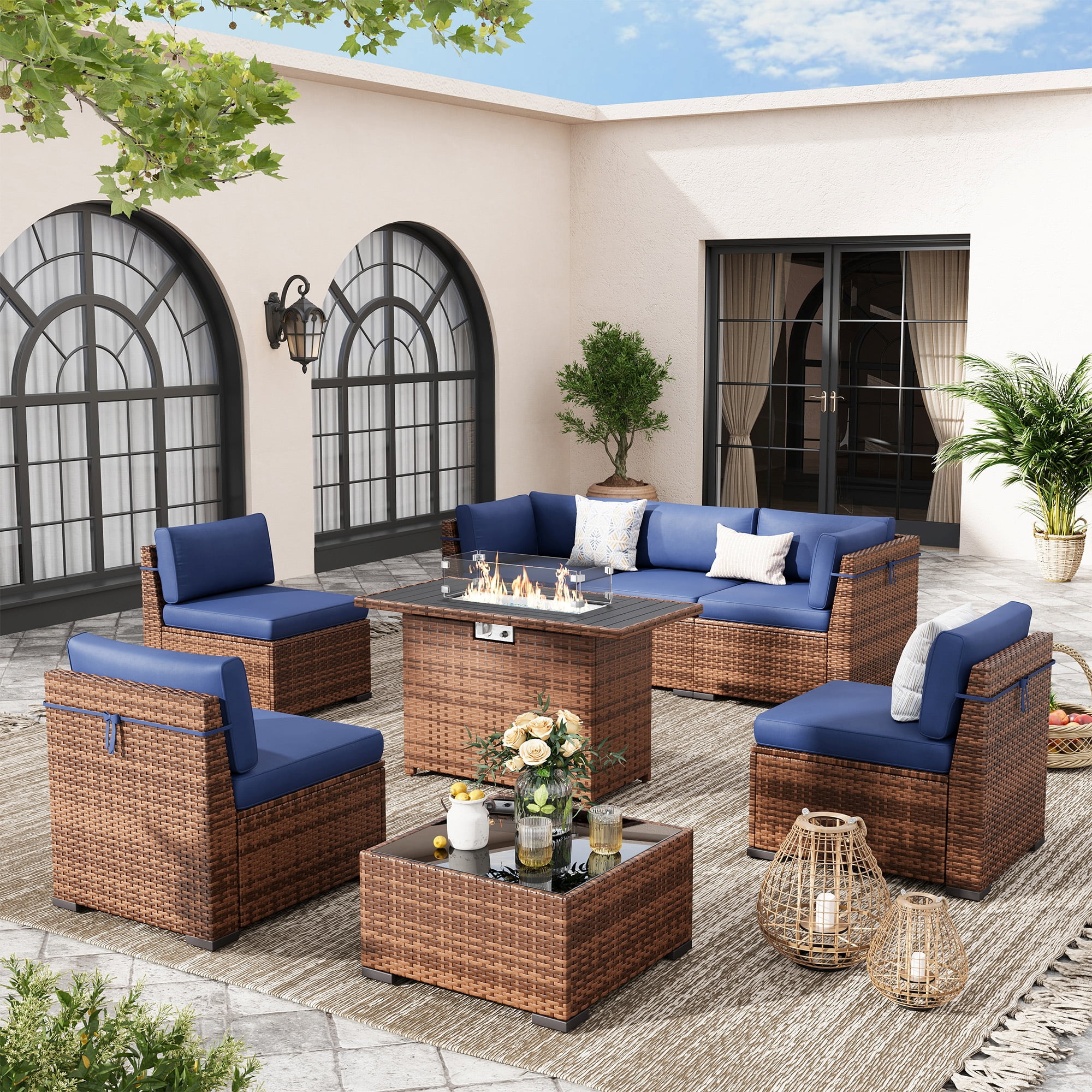 Poteban 7 Pieces Outdoor Sectional Sofa Set , PE Wicker Rattan Slanted Back Outdoor Conversation with Cushions and Glass Coffee Table for Backyard Garden, Dark Gray