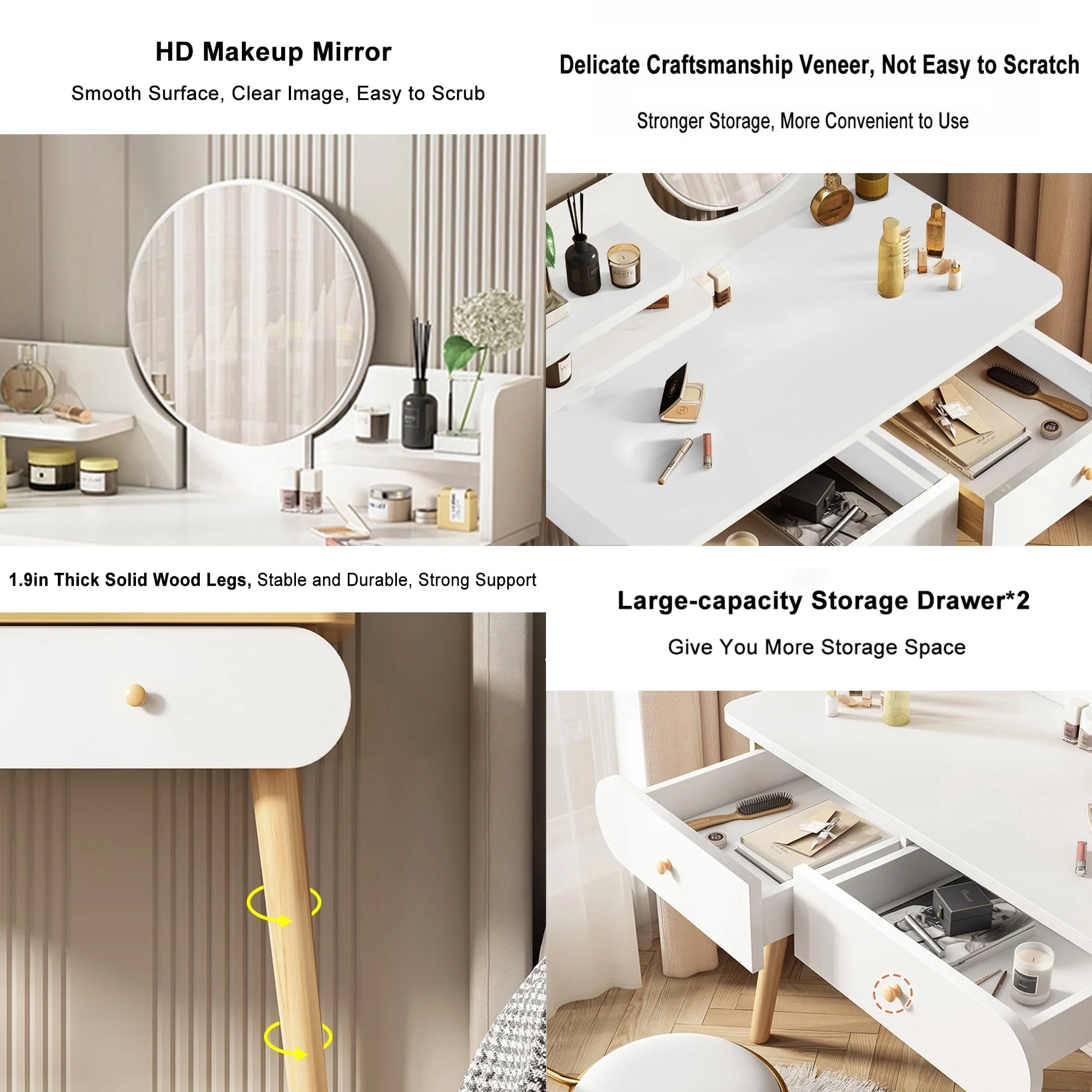 Modern Vanity Table Makeup Desk, 2 Drawers and 4 Shelves for Bedroom White(Without Stool and LED)