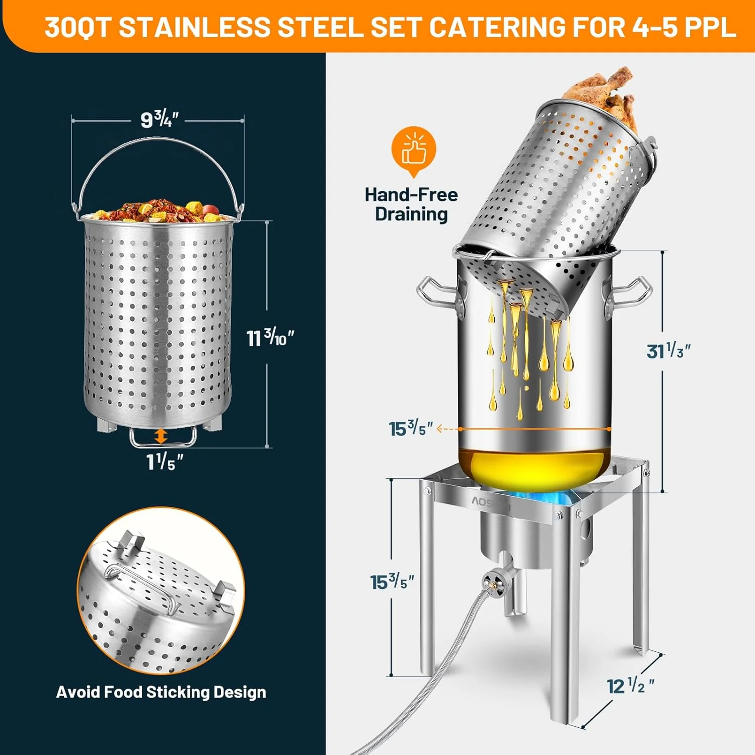 30QT Stainless Steel Turkey Fryer&Seafood Boil Pot with 55,000BTU Propane Burner for Outdoor Cooking of Turkey,Crab,Lobster and Shrimp