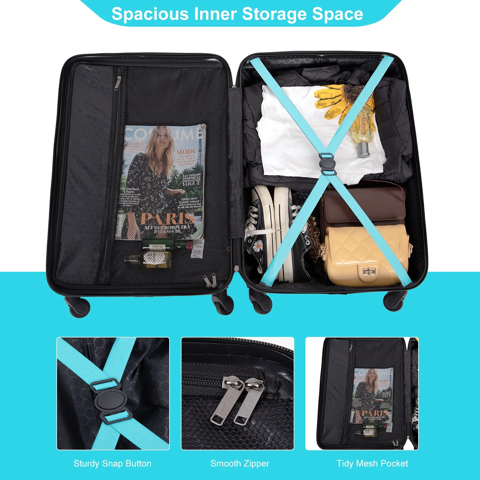 3 Pieces Luggage Sets, Expandable ABS Hardshell Clearance Luggage, Hardside Lightweight Durable Suitcase Sets with Two Hooks, Spinner Wheels and TSA Lock, 20in/24in/28in Travel Suitcase, Turquoise