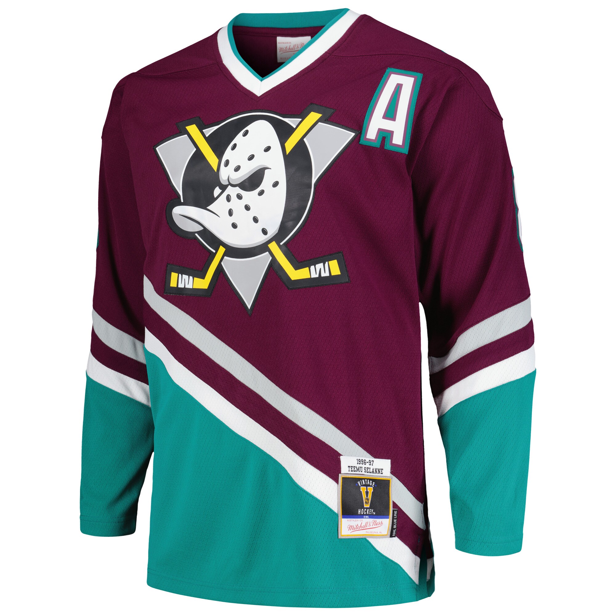 Teemu Selanne Anaheim Ducks Mitchell & Ness  1996/97 Alternate Captain Patch Blue Line  Jersey – Purple