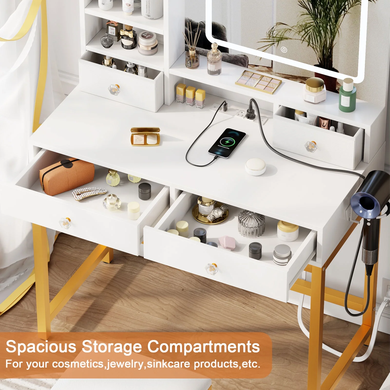 Satifur White Vanity Desk Set with Mirror and Lights, Makeup Table with Charging Station, Comfortable Bench, Big Vanity with 3 Storage Compartments, 39.4in