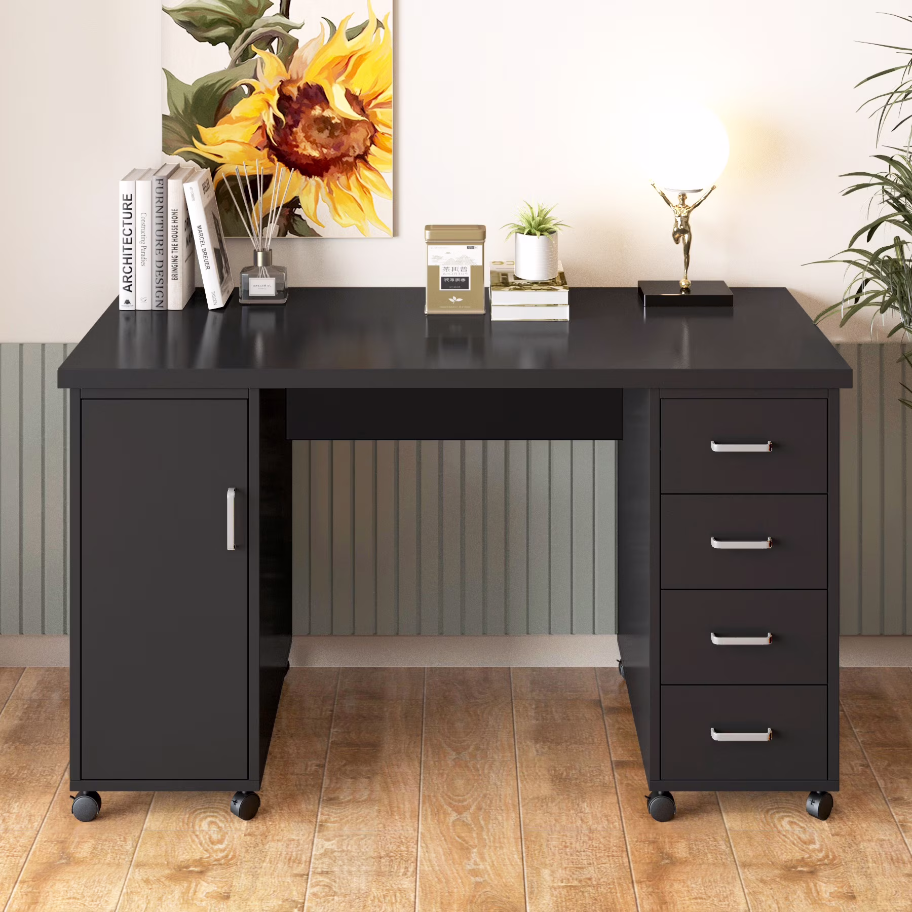 Sesslife White Computer Desk, Writing Desk with Lockable Wheels???Modern Wood Study Desk with 4 Drawers for Home Office Workstation