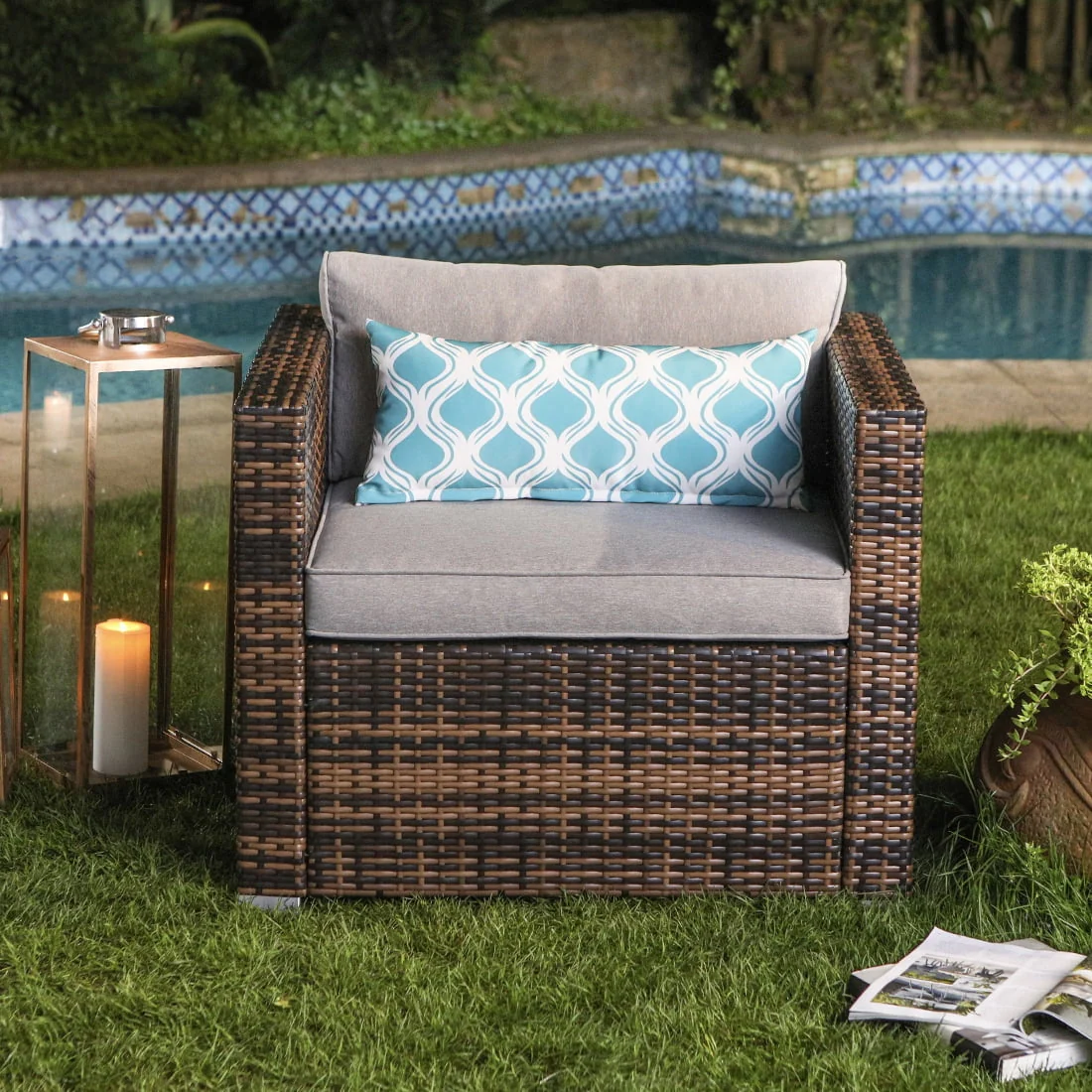COSIEST 6-Piece Outdoor Furniture Mottlewood Brown Wicker Sectional Sofa Set with Arm Chair
