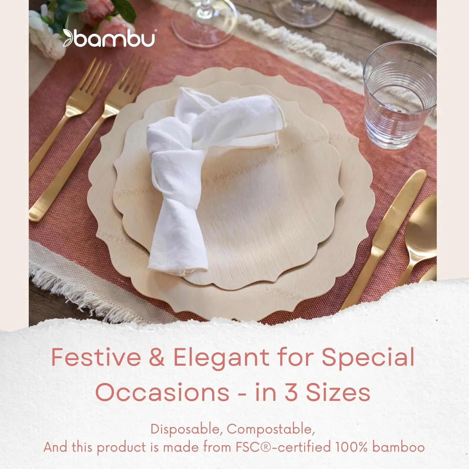 Bambu Pack of 100-9 Inch Fancy 100% Bamboo Plates �C Premium Disposable Dinnerware | Elegant, Biodegradable Veneerware Natural Tableware for Weddings, Parties, Entertaining & Special Occasions