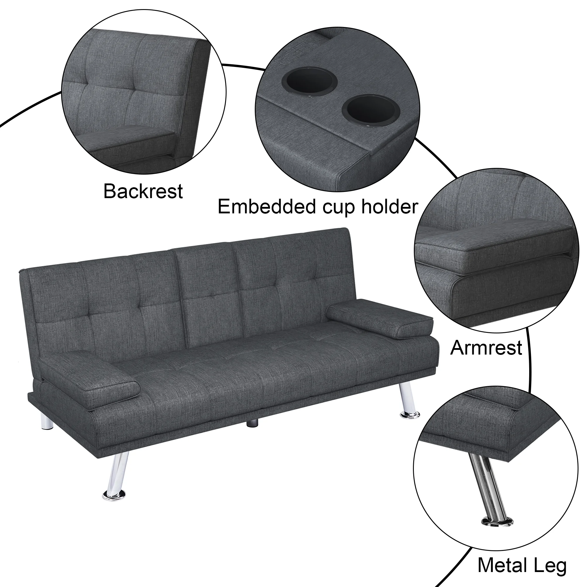 BEABA Futon Sofa Bed Modern PU Faux Convertible Couches with Cup Holder and Pillows Folding Furniture Upholstery