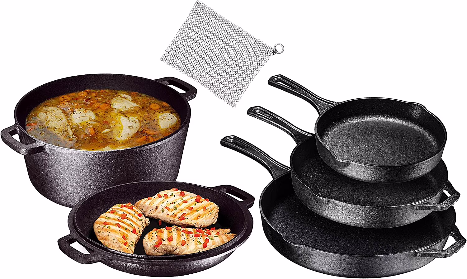 Bruntmor Pre-Seasoned Cast Iron Cookware Set - 8-Piece Bundle with Skillets, Grill Pan, Dutch Oven, Pizza Pan, and Utensils - Durable Pots and Pans Set for Cooking - Ideal Gift for Home or Camping