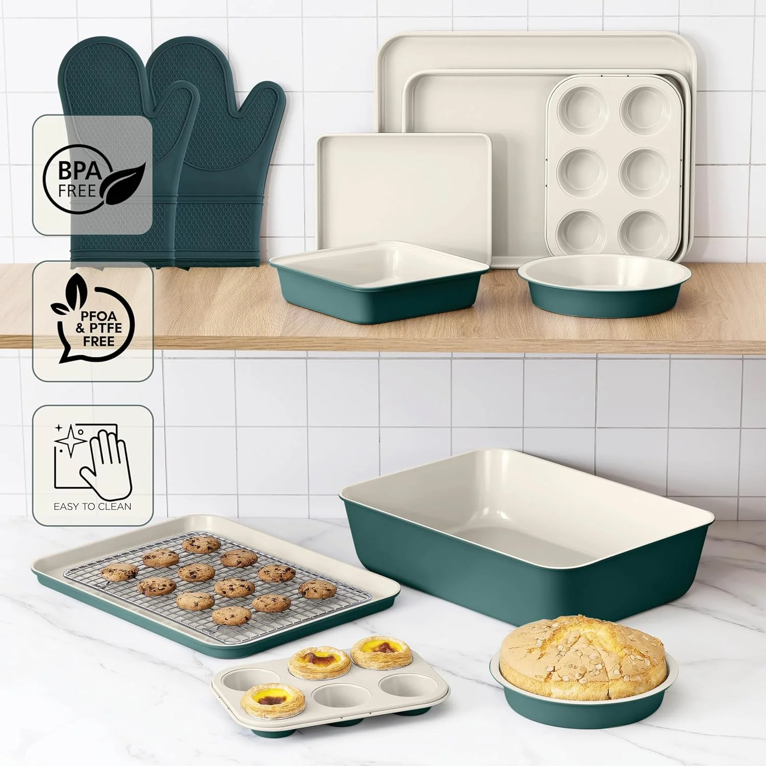 Country Kitchen 13-Piece Nonstick Cookware and Bakeware Set - Pots and Pans Collection with Stackable Design, Cream