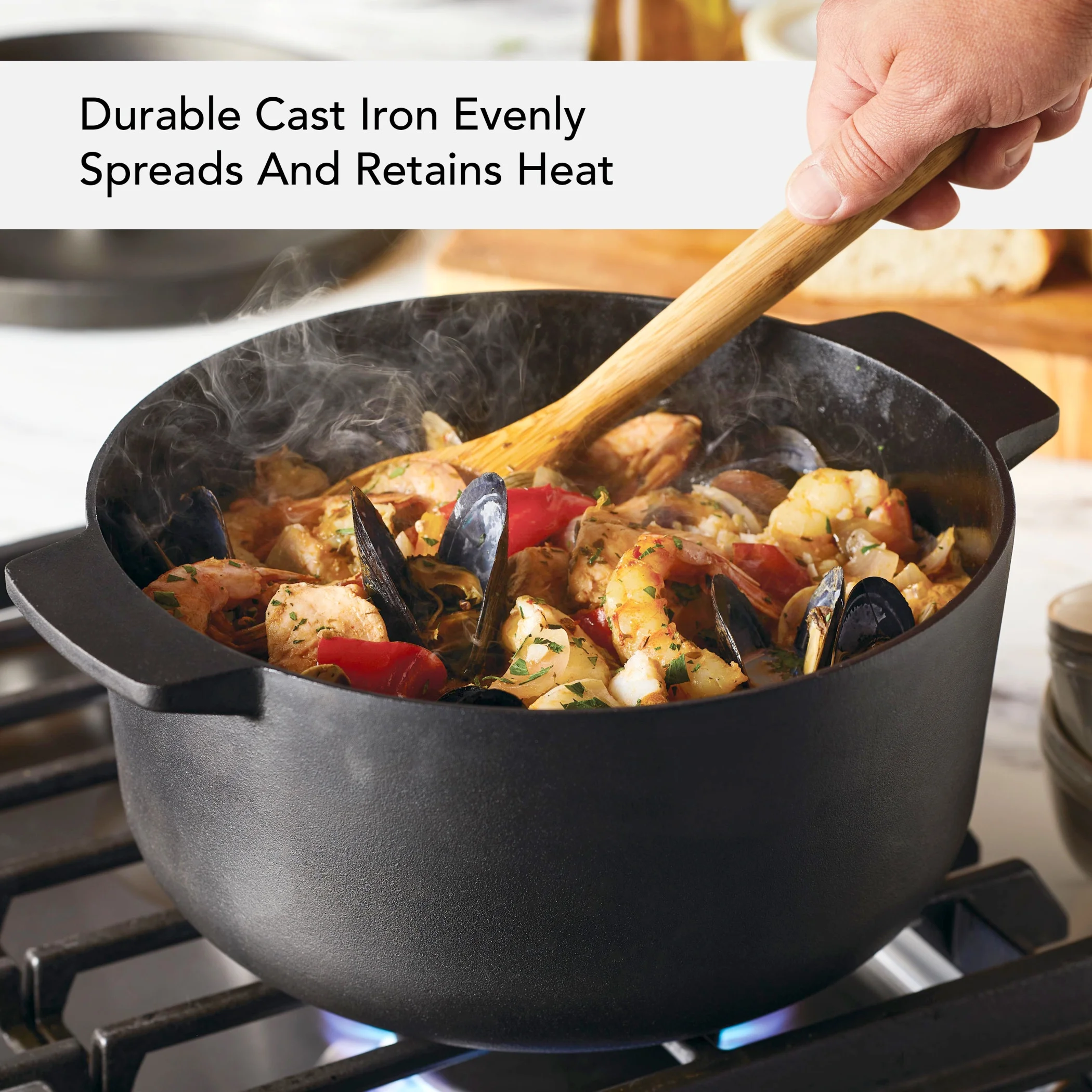 KitchenAid Seasoned Cast 6 Quart Iron Induction Dutch Oven Casserole, Metal Utensil, Broiler and Oven Safe to 500��F, Cast Iron Black