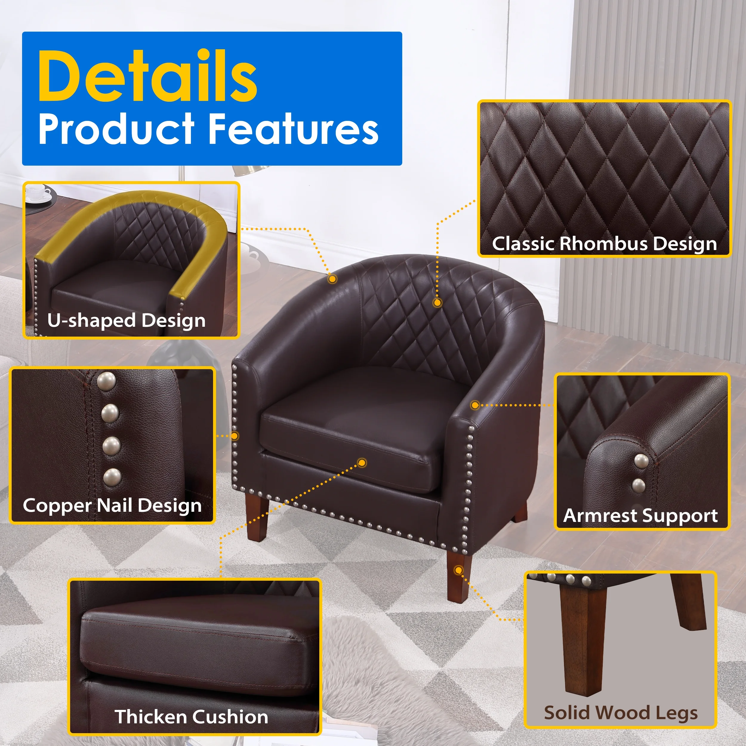 Barrel Accent Chair for living room, modern Leather Club Barrel Chair comfy Reading Armchair for Bedroom, Brown