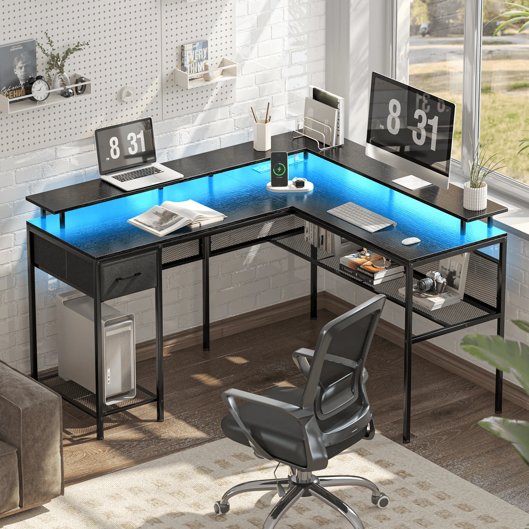 Huuger Gaming Desk with LED Lights & Power Outlets, L Shaped Desk Computer Desk with Storage Shelves, Fabric Drawer, Monitor Stand, Home Office Desk, Corner Desk, Black