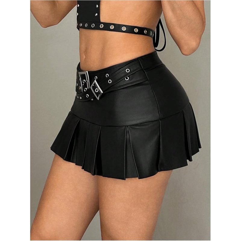 Women's Pleated Leather Skirts Buckle Low Waisted Y2K Belted Mini Skirts