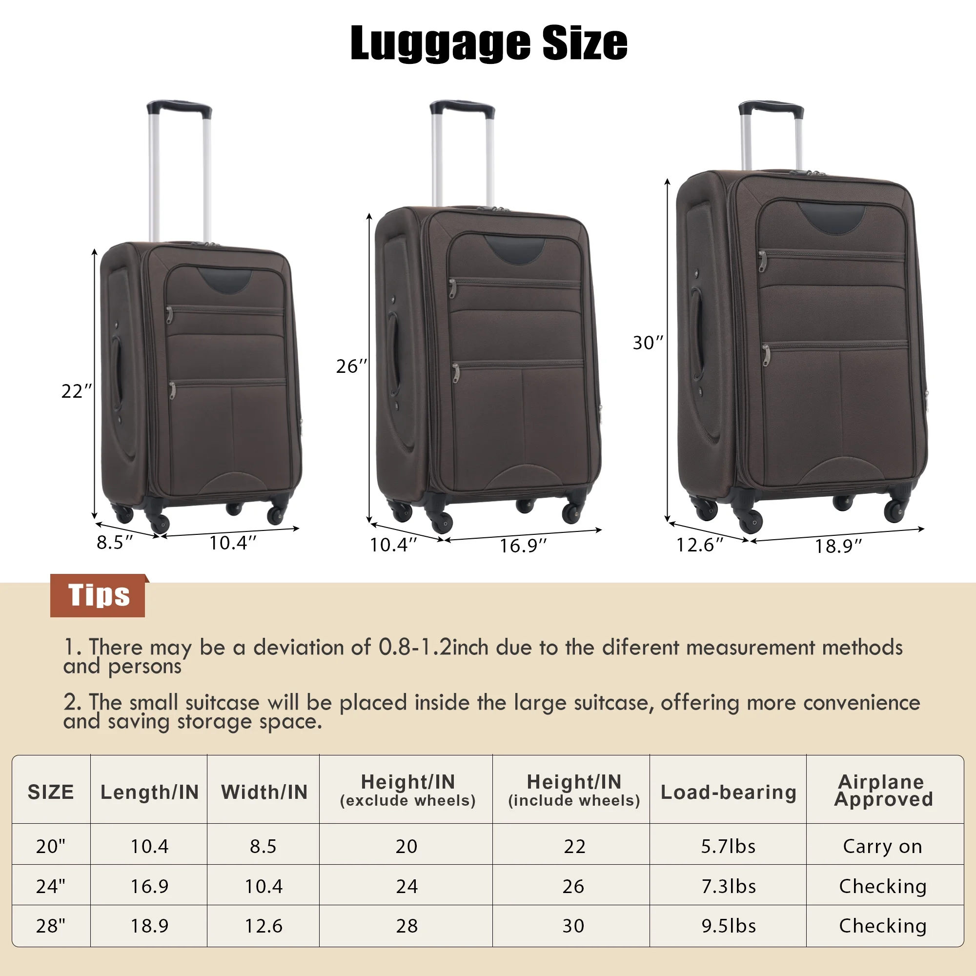 EUROCO 3 Piece Softside Luggage Set,Expandable Suitcase Set with TSA Lock and Spinner Wheels,Lightweight Suitcase for Men Women(20