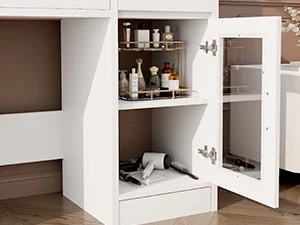 LIVELYGLOW Vanity Desk with Mirror and Lights, Makeup Vanity with Drawer & Storage Shelves, Cabinet, 3 Lighting Modes Adjustable Brightness,White