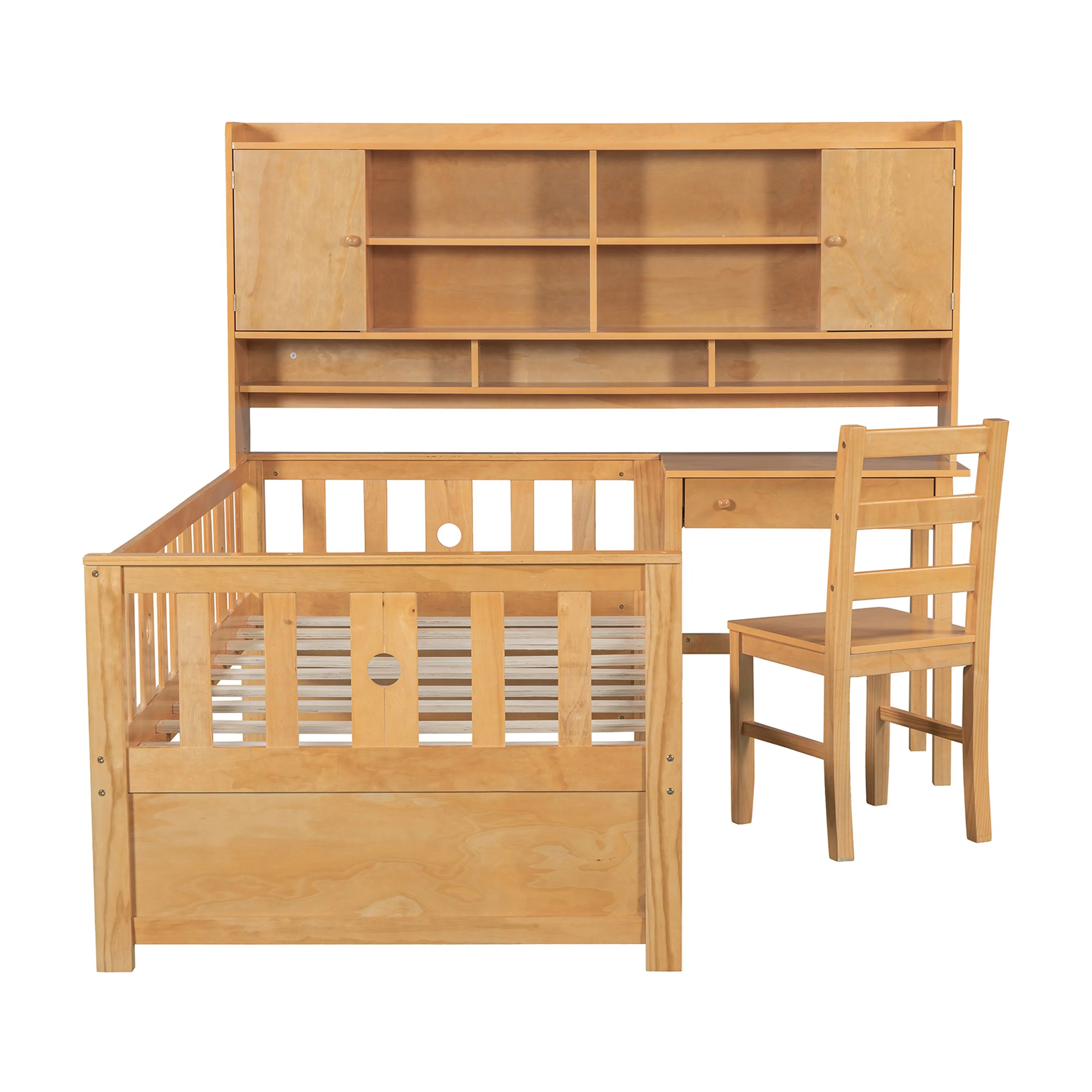 Euroco Wood Twin Size Platform Bed with Desk and Shelves, Table and Chair Set for Kids, Natural