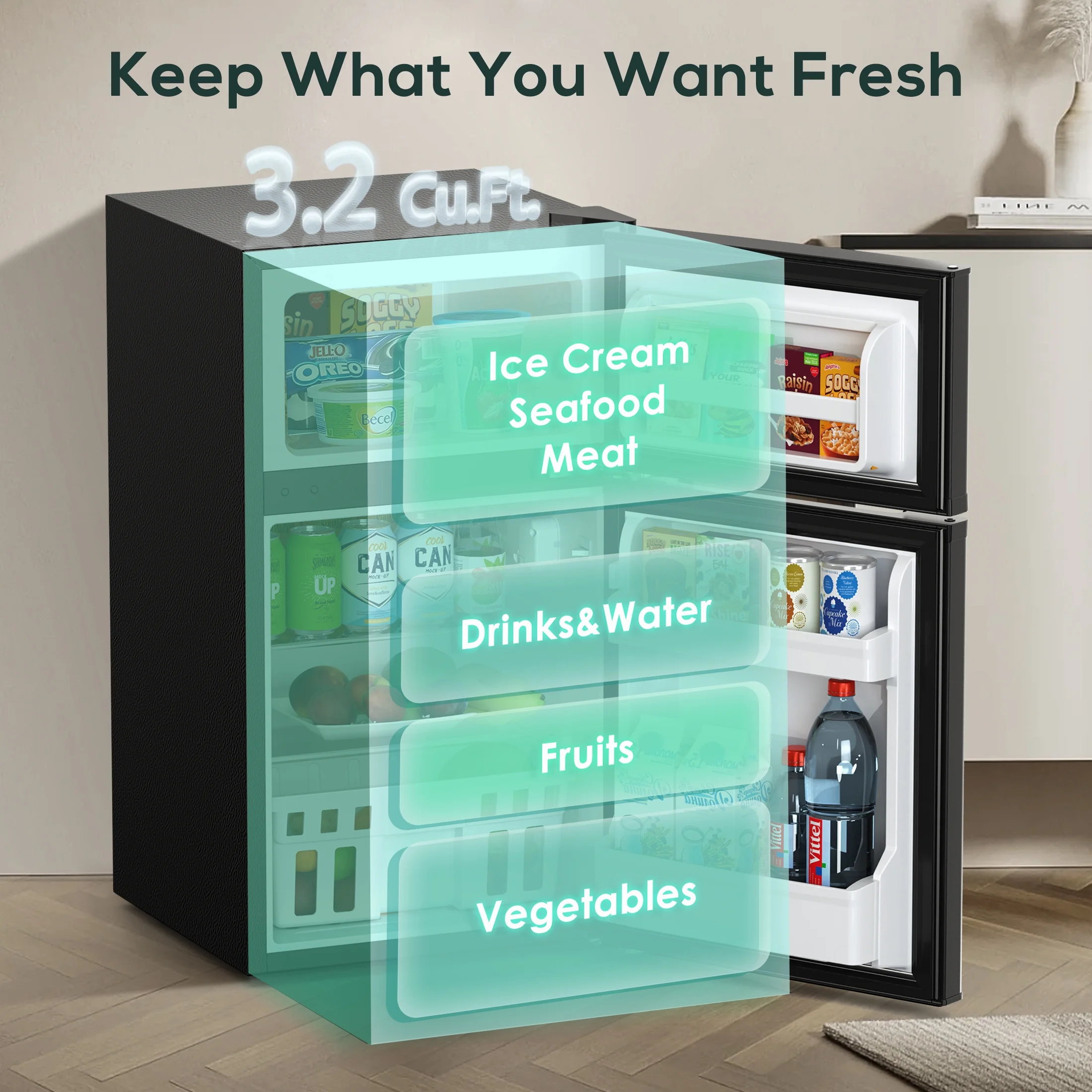 Moifoi 3.2 Cu.Ft Two-Door Compact Refrigerator, Stainless Steel Door, Black