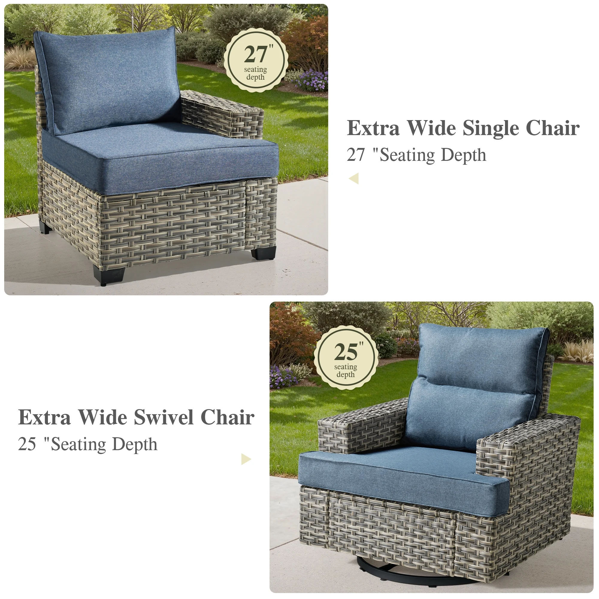 Ovios 10 Pieces Outdoor Patio Furniture Modern High-Back All-Weather Wicker Sectional Conversation Set with Propane Fire Pit Table & Swivel Chair, Dark Gray