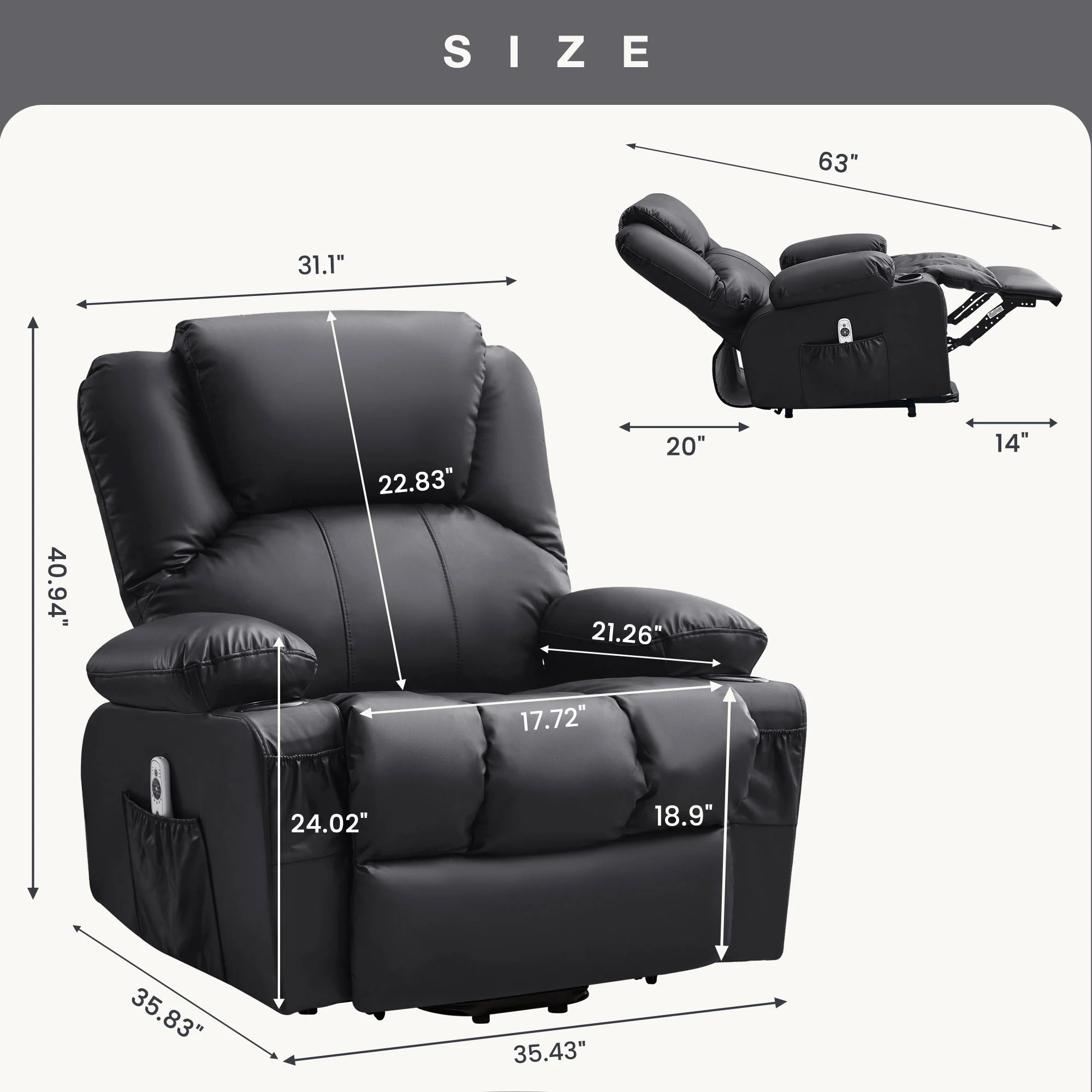 JONPONY Power Lift Recliner Chair Recliners for Elderly with Heat and Massage Recliner Chair for Living Room with Infinite Position and Side Pocket,USB Charge Port,Black