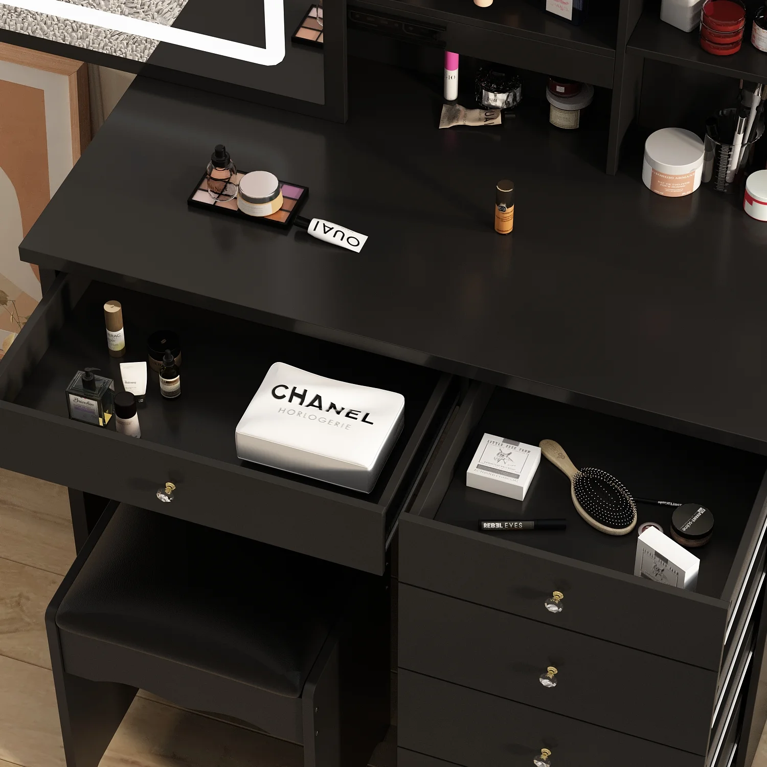 MONSLIPA Makeup Vanity Desk Set w/ Light, Sturdy Dressing Vanity Table with Bench, Shelves & Drawers