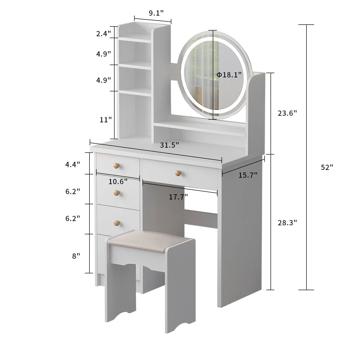 Makeup Vanity Dressing Table with 5 Drawers and Shelves, Vanity Set with Lighted Round Mirror, White Dresser Desk and Cushioned Stool Set