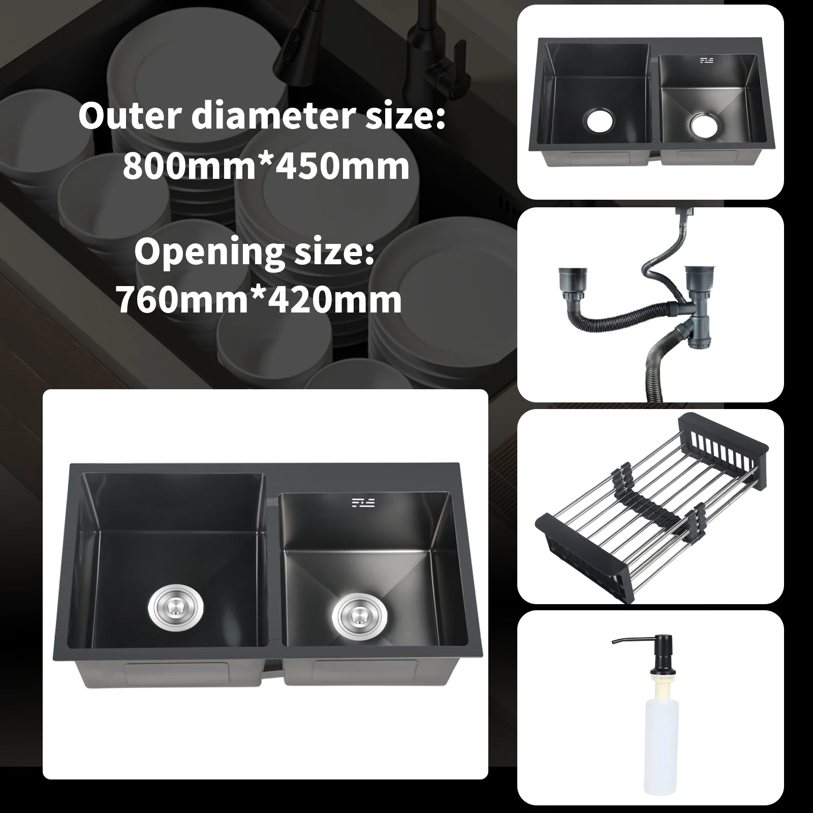 MEET Double Bowl Kitchen Sink & Drain Kit, 32 in Stainless Steel Vegetable Dishwashing Basin with Sewer Pipe Drain Basket, 8-Inch Deep, Black