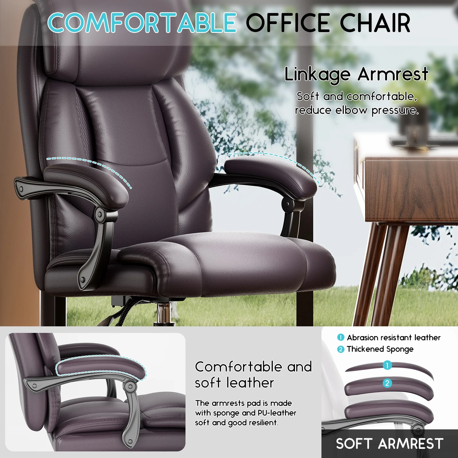 Solfway Big and Tall Office Chair 400LBS, High Back Black Leather Executive Office Chair, Computer Desk Chair with Adjustable Flip-up Arms, Wheels and Lumbar Support