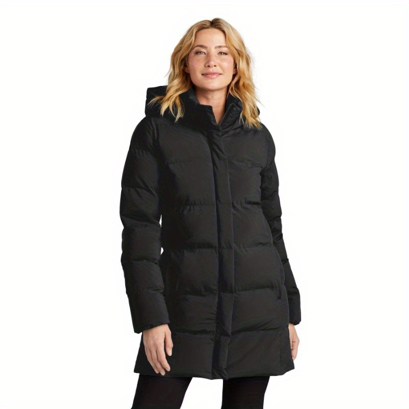 Women’s Sleek Gray Puffy Parka – Warm, Windproof Fabric Coat with Hood and Zippered Pockets