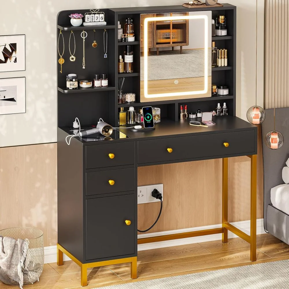 AOGLLATI Makeup Vanity with Lights in 3 Colors, White Vanity Desk with Mirror and Lights, Vanity Table with Charging Station, Makeup Desk with Visible Drawers, Hidden and Open Storage Shelves