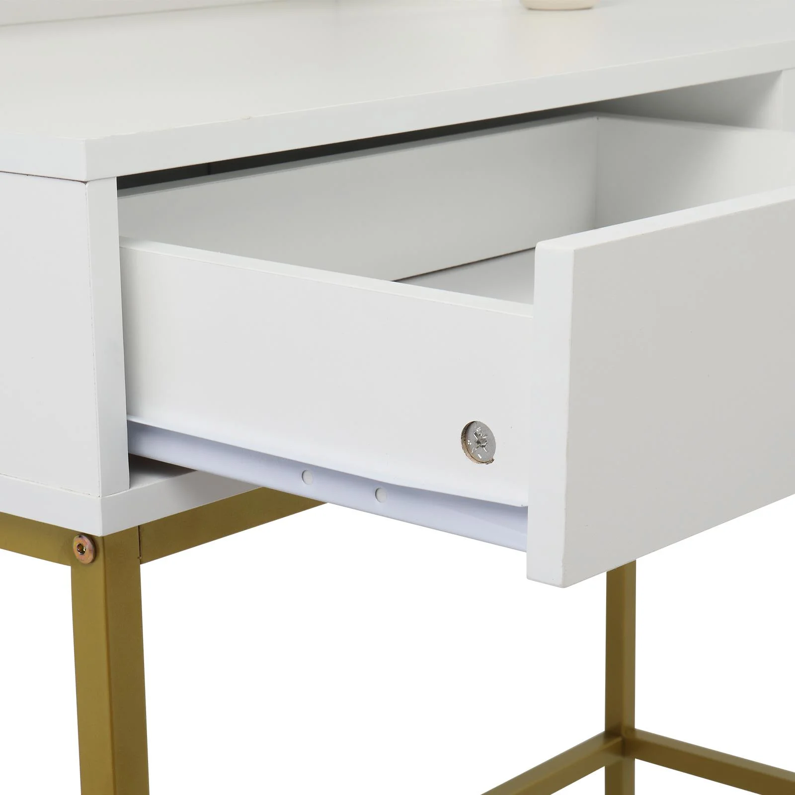 Ktaxon Vanity Table Set with 3 Color Lighted Mirror & Stool, Makeup Vanity Dressing Table, 2 Drawers and Storage Shelves for Bedroom, Gold Vanity Desk for Women (White)