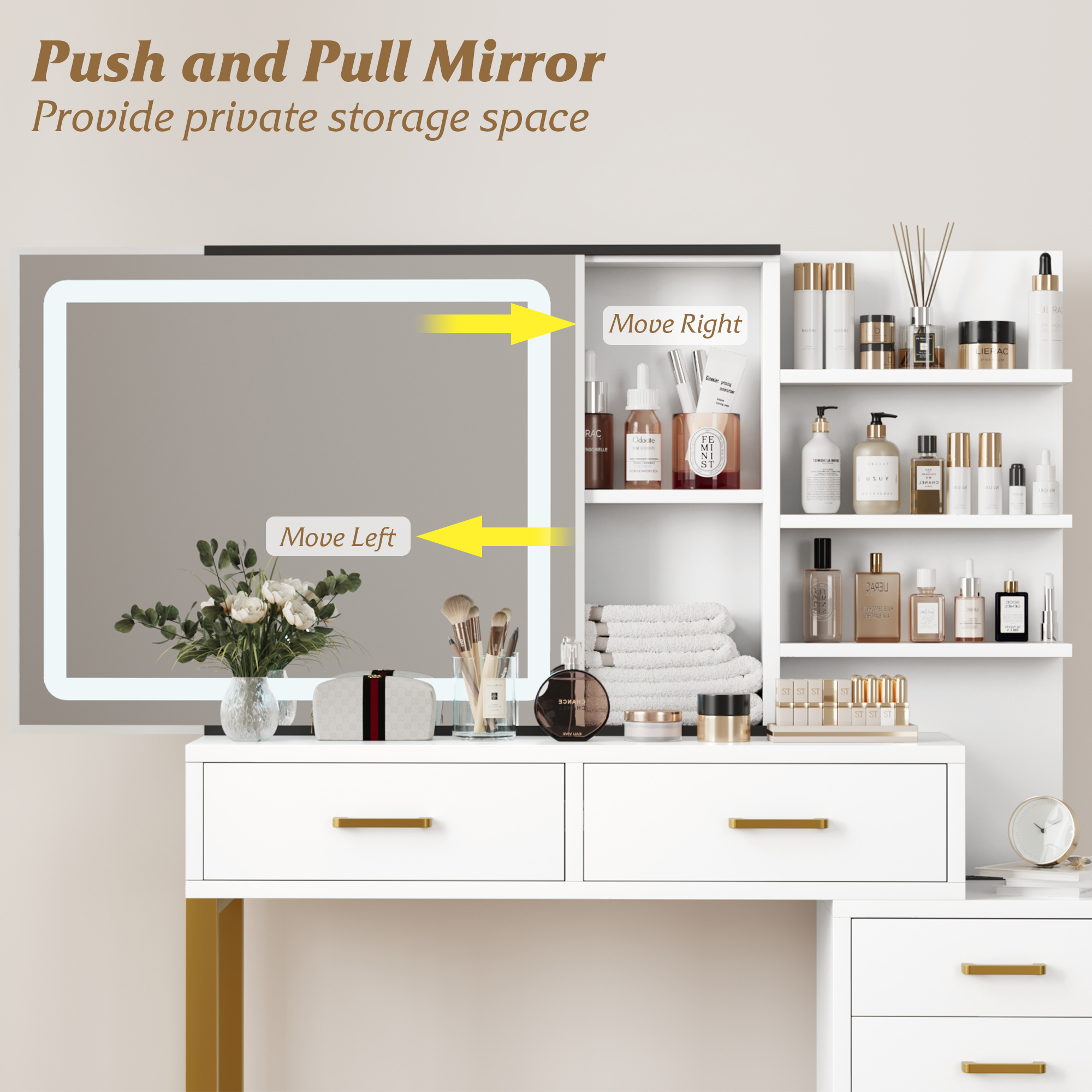 Vanity Desk with Adjustable LED Lighted Sliding Mirror,Makeup Vanity with 5 Drawers&Open Shelves for Bedroom