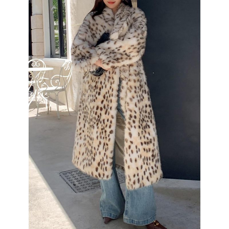 Women's Faux Fur Leopard Long Coat with Lapel