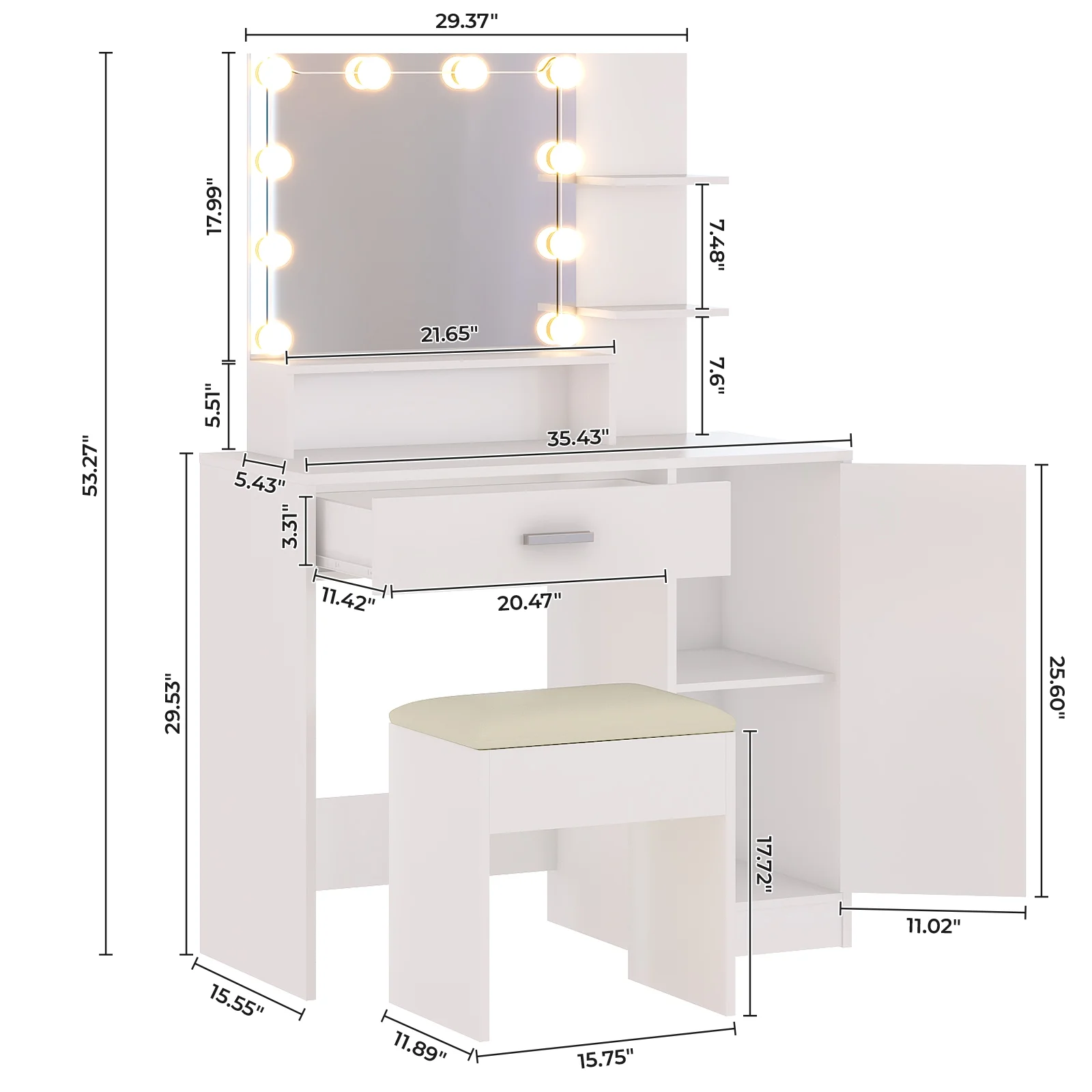 Ktaxon Vanity Set with 3 Color Lighted Mirror, Makeup Table with 3 Storage Shelves & Drawers, Dressing Table Makeup Desk with Stool,White
