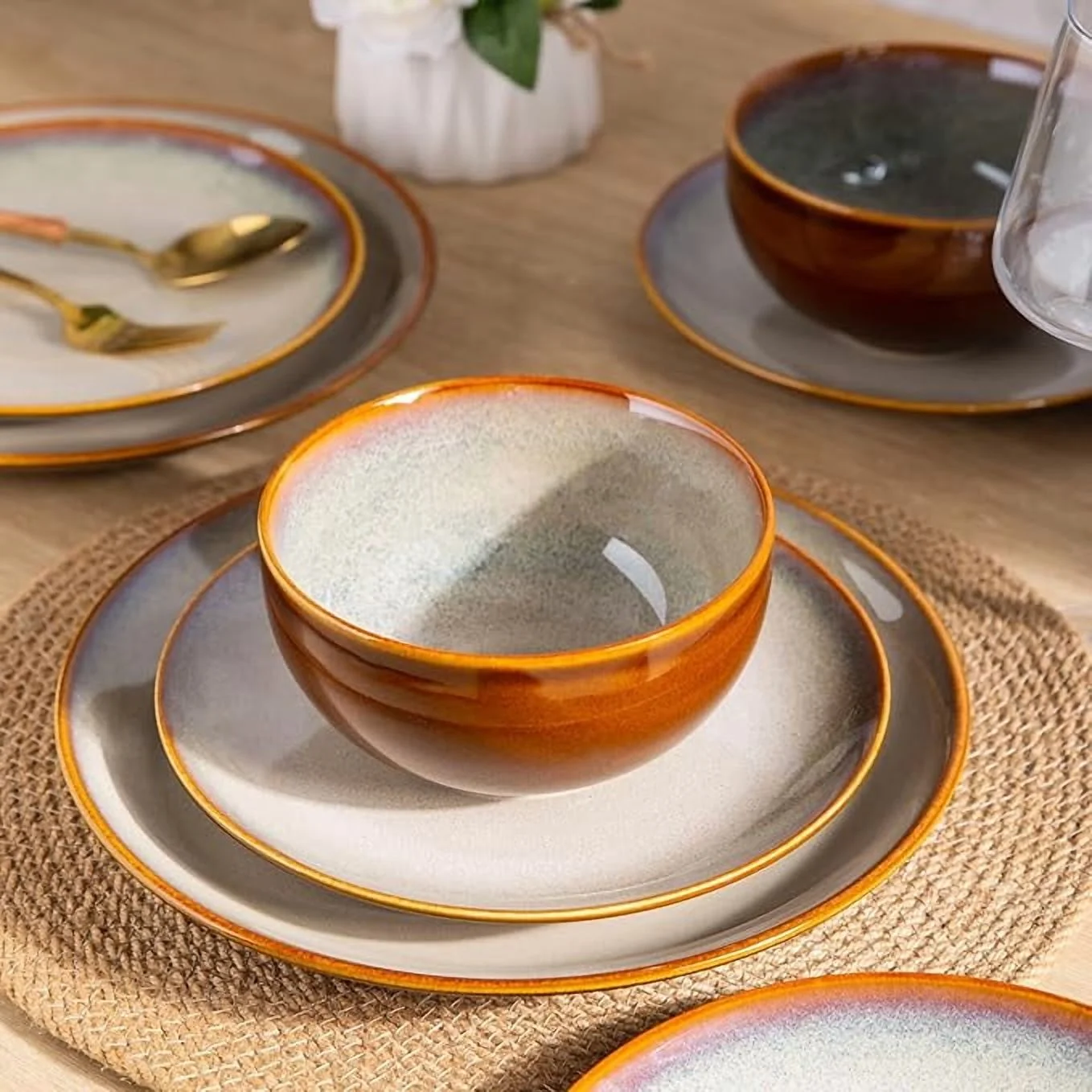 Elegant Reactive Glaze Ceramic Dinnerware Set 12-Piece Shatterproof Scratch Resistant Dishwasher Microwave Oven Safe for 4