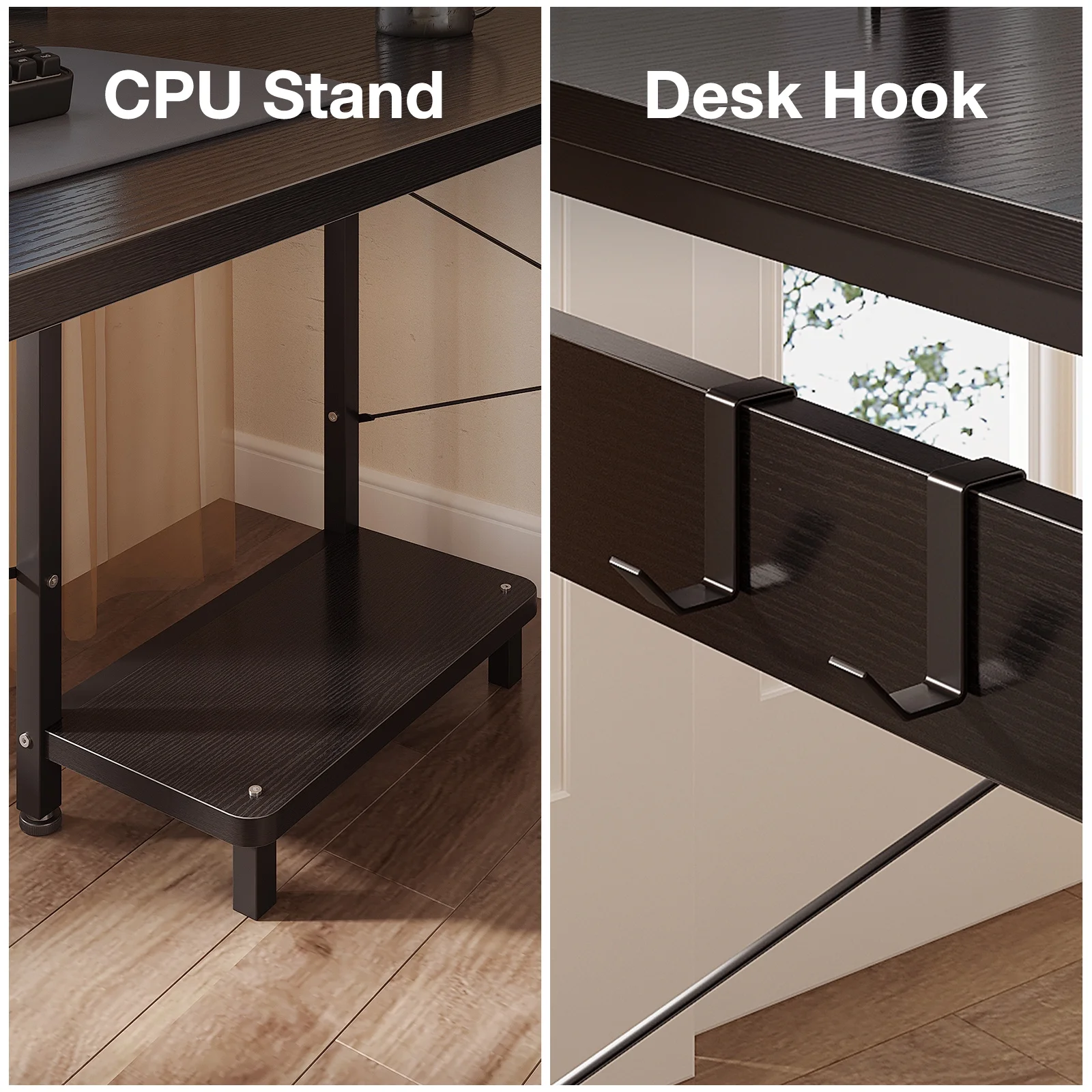 Reversible Modern Simple Style L Shaped Desk with Charging Station and Drawers, Pure Black