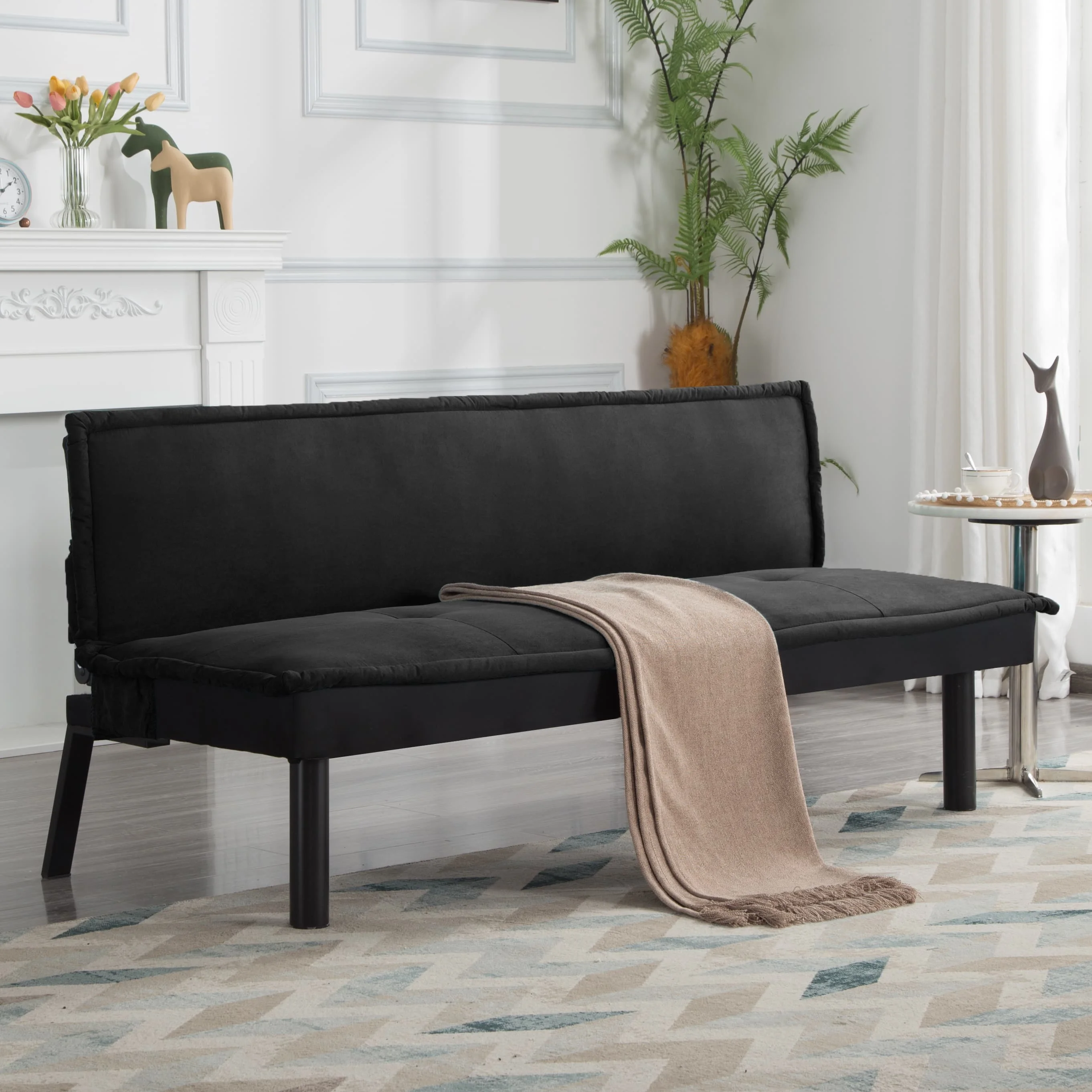 BSHTI 64.6�?Twin Size Futon Sofa Bed,PU Upholstery,Manufactured Wood Frame,Futon Convertible Sofa,Perfect for Small Spaces(Black)
