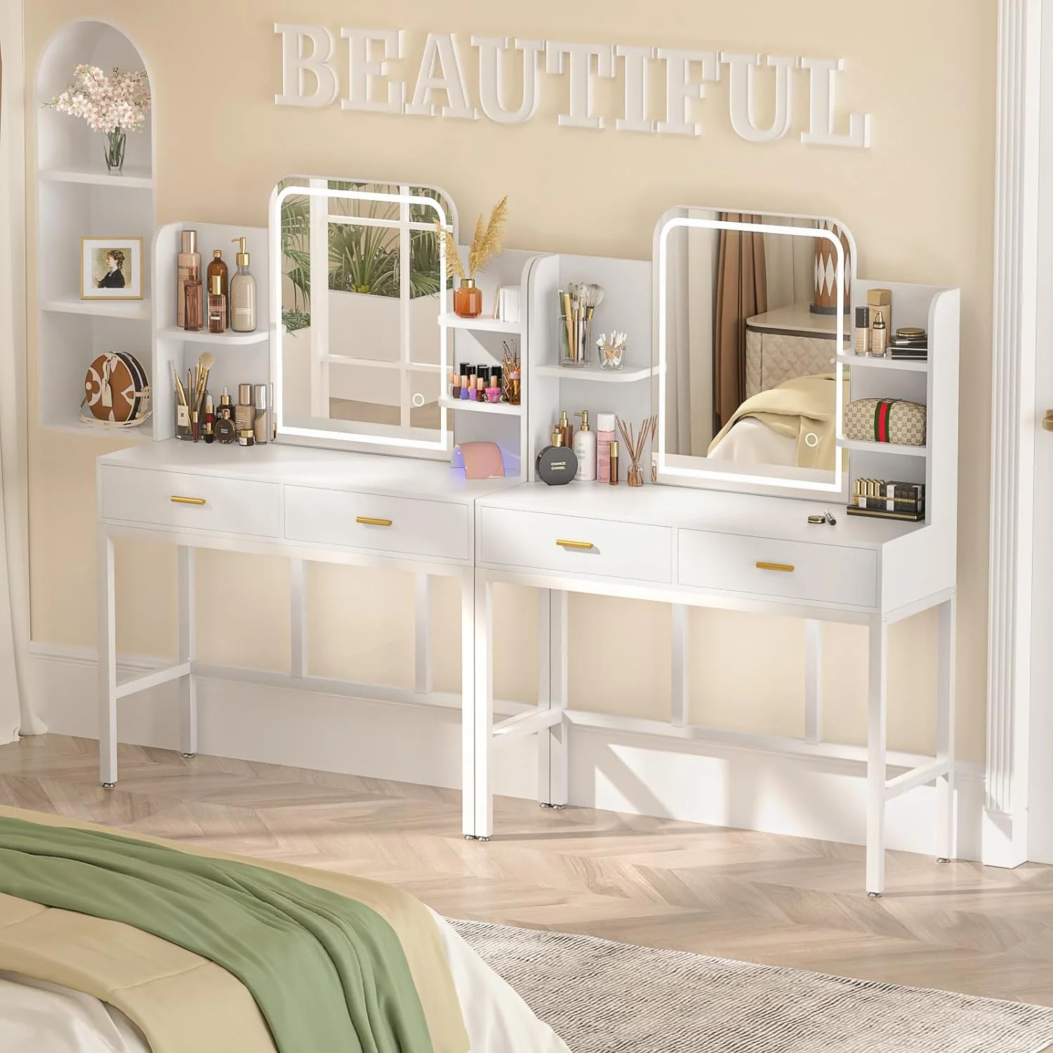 iSunirm Vanity Desk with Mirror and Lights, Makeup Vanity with 2 Drawers, Vanity Table Set with 3 Color Adjustable Lighting Options, Modern Dressing Table with Shelf, for Bedroom, Pink