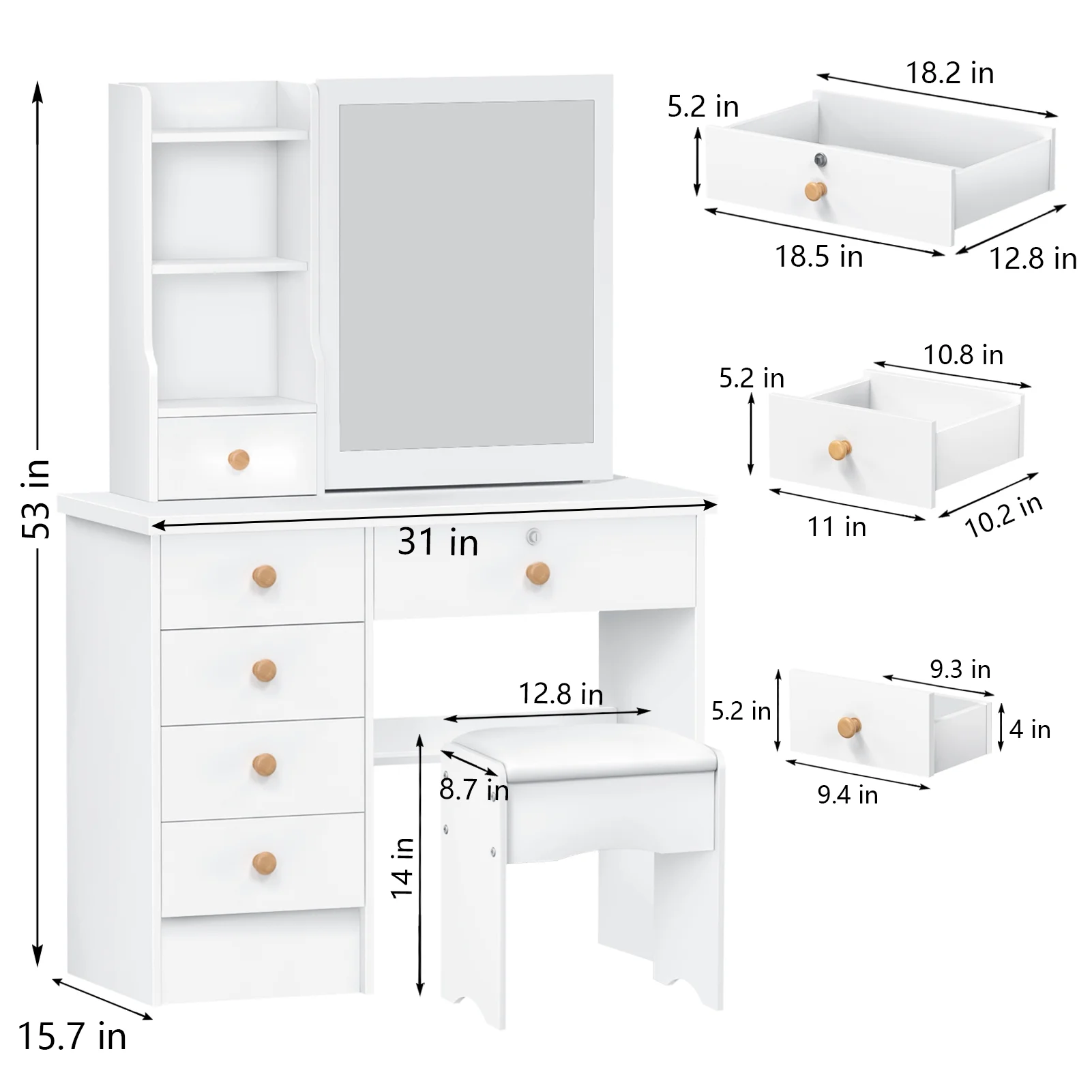 Fogcroll Vanity Desk with Mirror, Makeup Vanity with 6 Drawers and 3 Open Shelves Modern Vanity Set Dressing Table for Bedroom 31.5