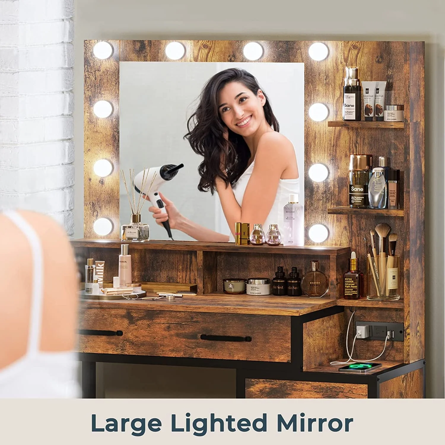 Rustic Vanity Desk Makeup Dresser Desk Table with Lighted Mirror & Charging Station & 5 Drawers, 10 LED Light, Brown & Black