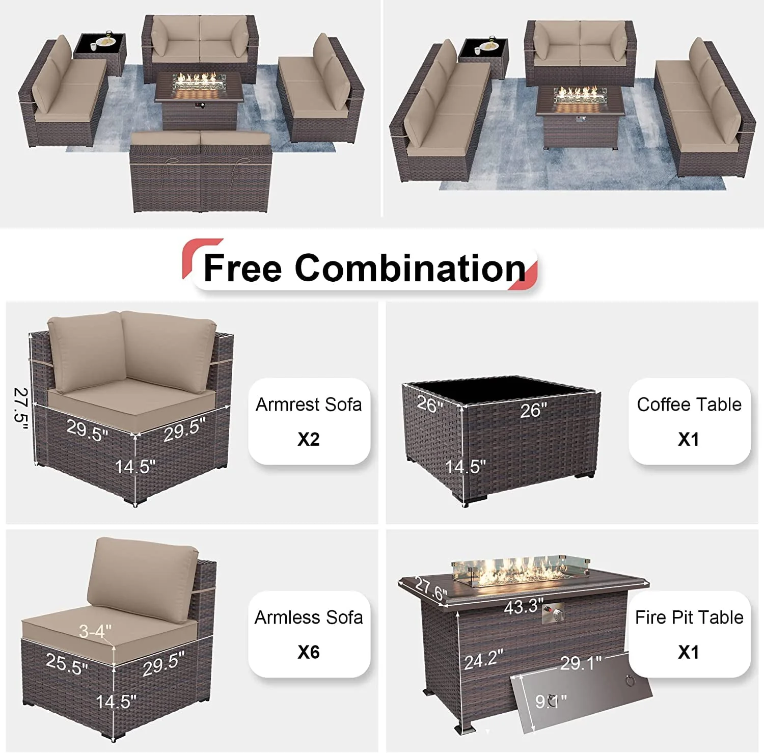 Kullavik Patio Furniture set Sectional Sofa 10 Pieces PE Rattan Wicker Patio Conversation Set w/43