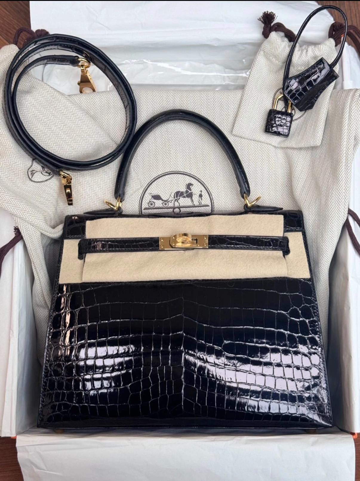 Hermès Kelly 25 Black Gold Buckle Crocodile Leather Custom