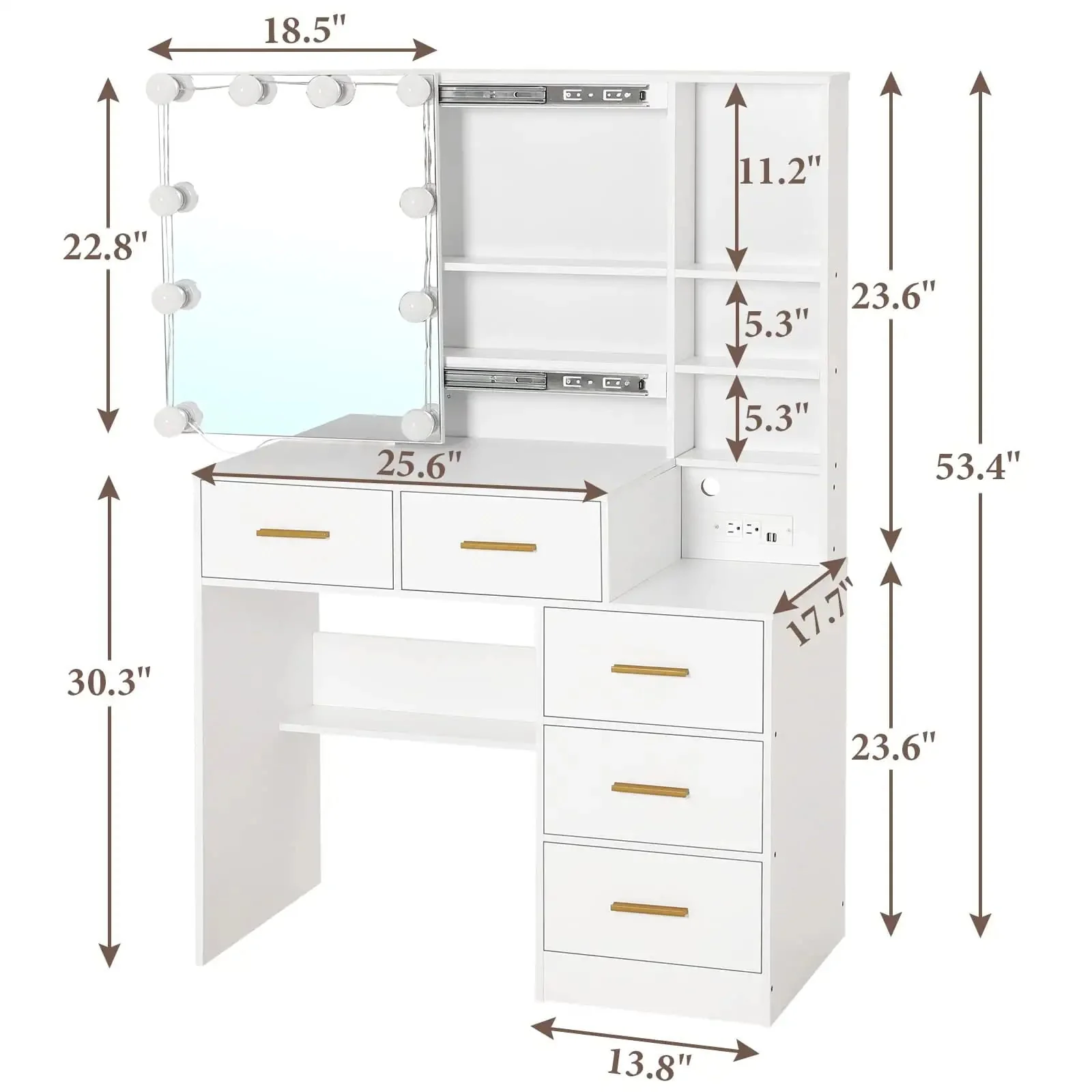 White Vanity Set Desk Table with 10 LED Lights & Charging Station & Sliding Mirror, Modern Makeup Vanity Desk Dressing Table with 5 Drawers for Bedroom, 10 LED Light Bulbs