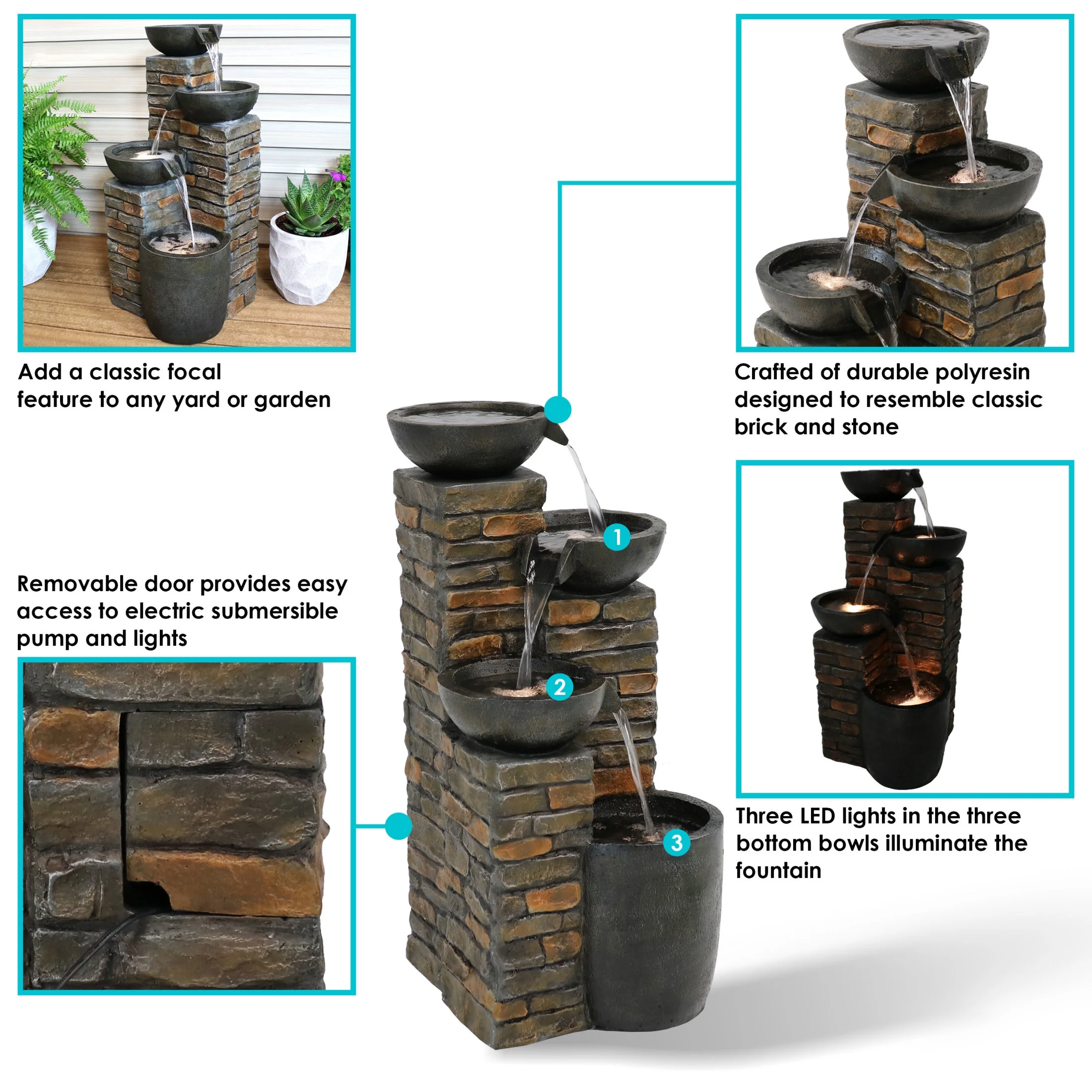 Sunnydaze Staggered Bowls Polyresin Outdoor Water Fountain with Light