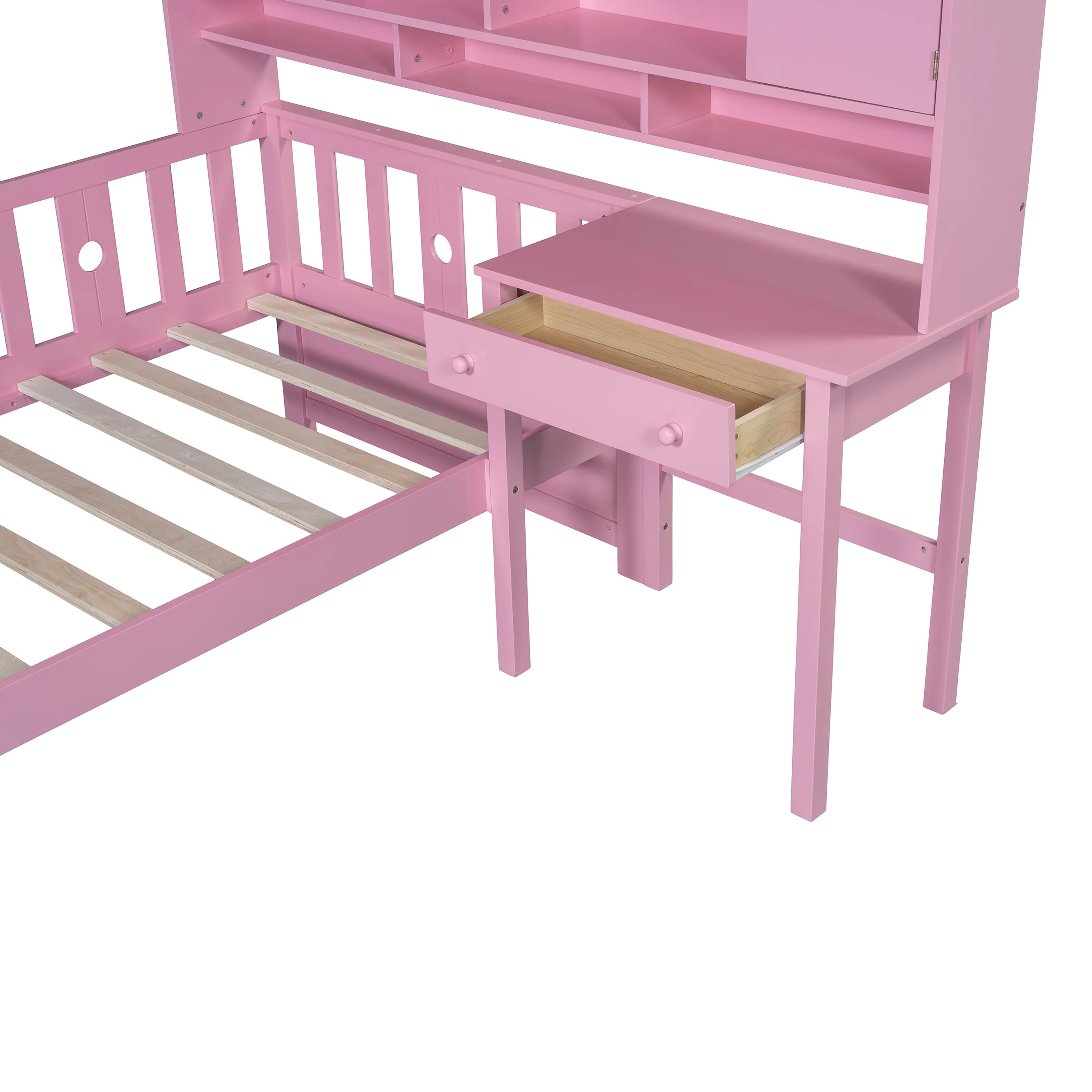 Euroco Wood Twin Size Platform Bed with Desk and Shelves, Table and Chair Set for Kids, Natural