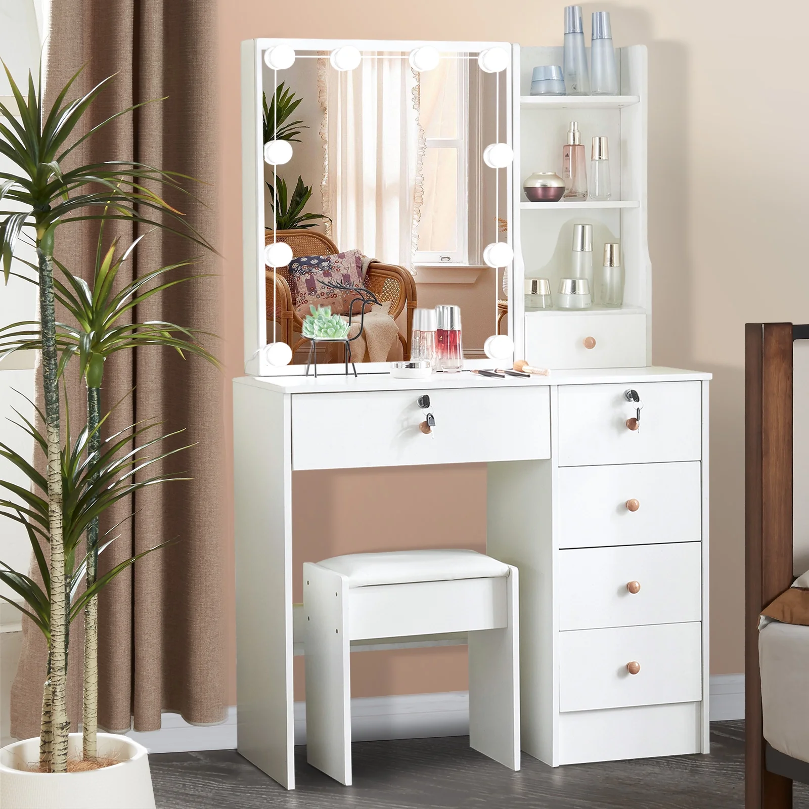 Yamissi Modern Makeup Vanity for Bedroom, Vanity Desk with LED Lighted Sliding Mirror and Stool, Makeup Table with Storage Shelves and Drawers, White