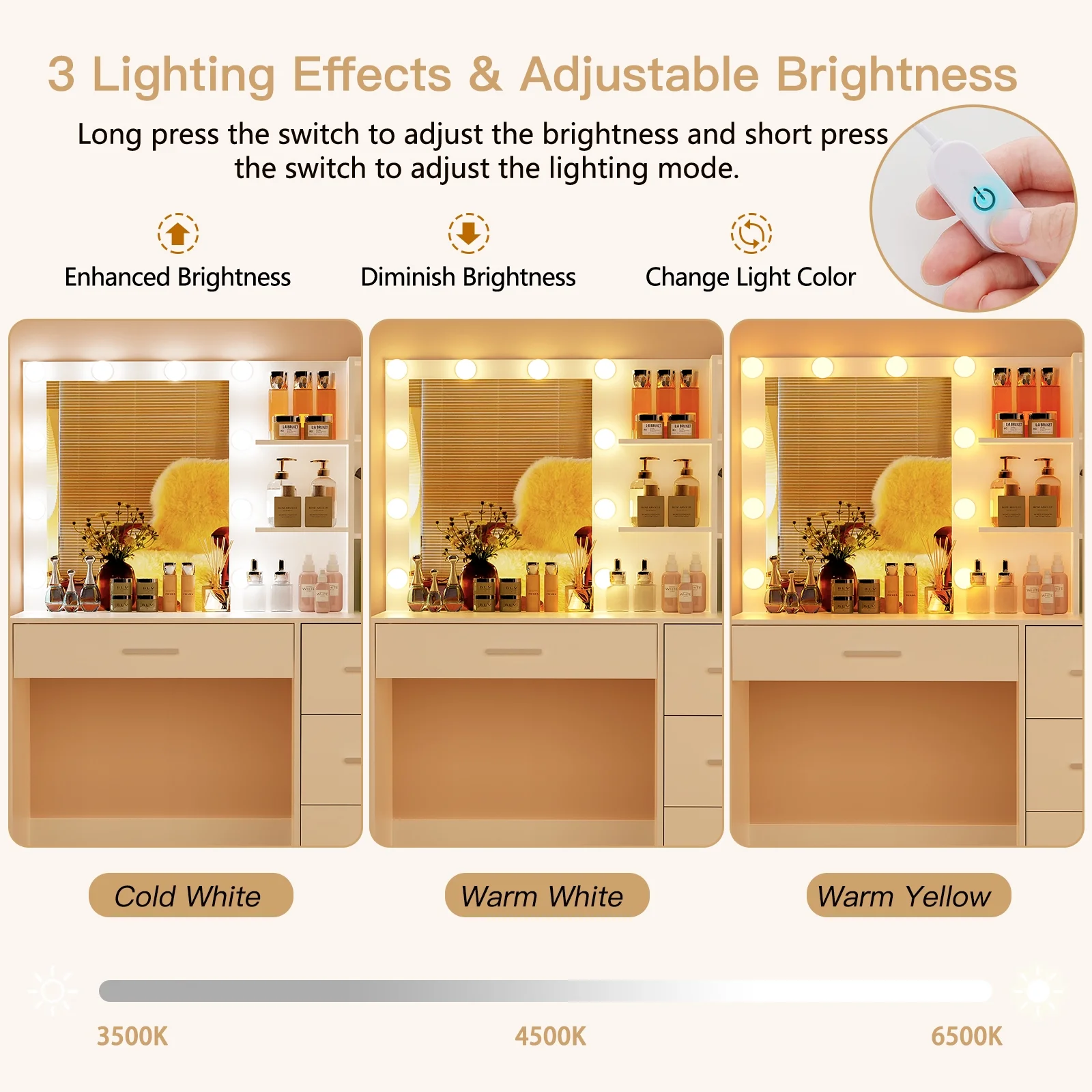 USIKEY LED Lights Mirror Vanity Desk Drawers Shelves Table Set Black